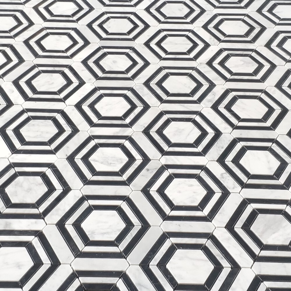 C33AXH Carrara White Marble Strip Hexagon Georama Geometric Mosaic Tile Honed