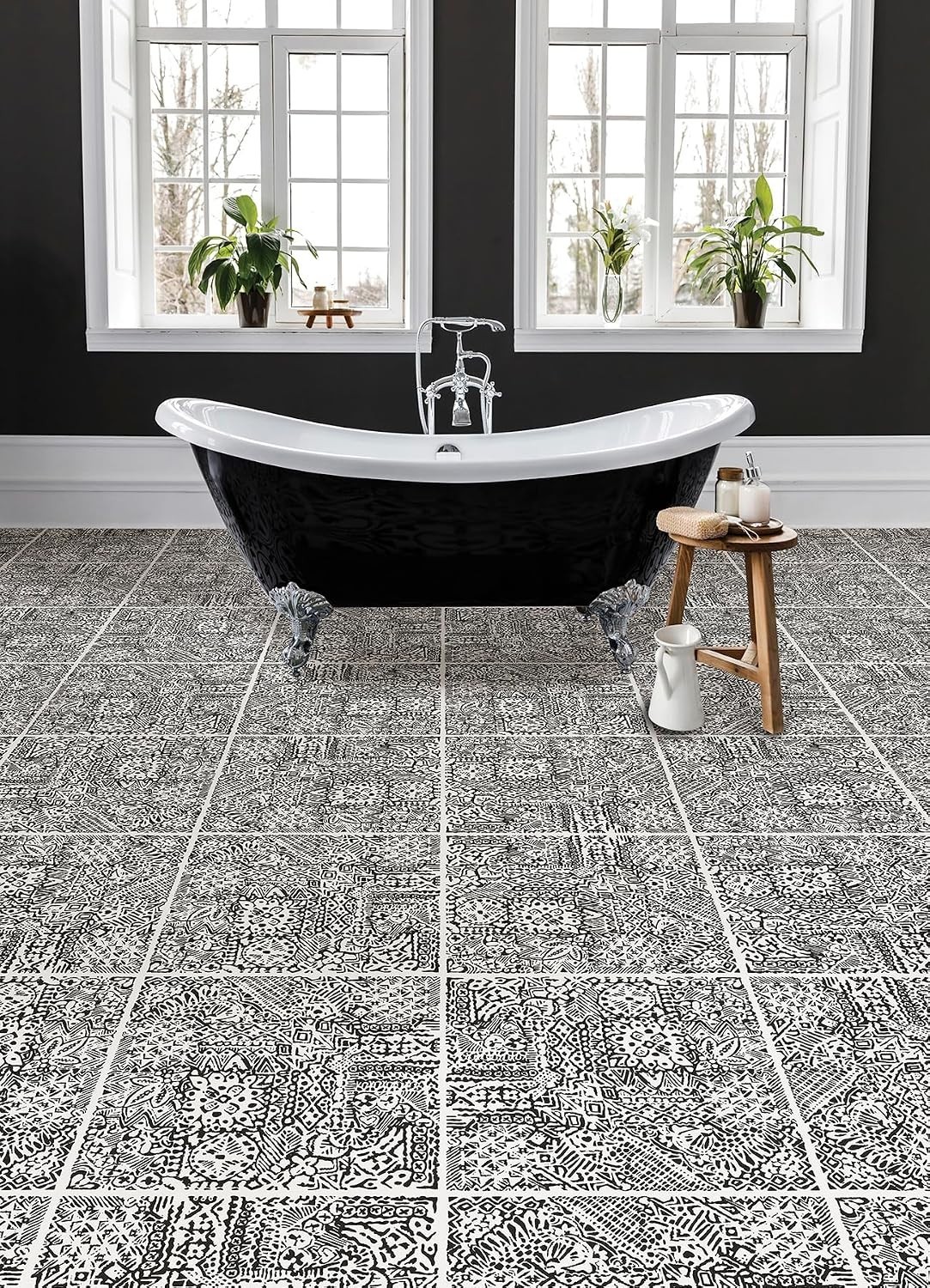 10 Pack Bohemian Floral Peel & Stick Floor Tiles – 12in x 12in Charcoal Design