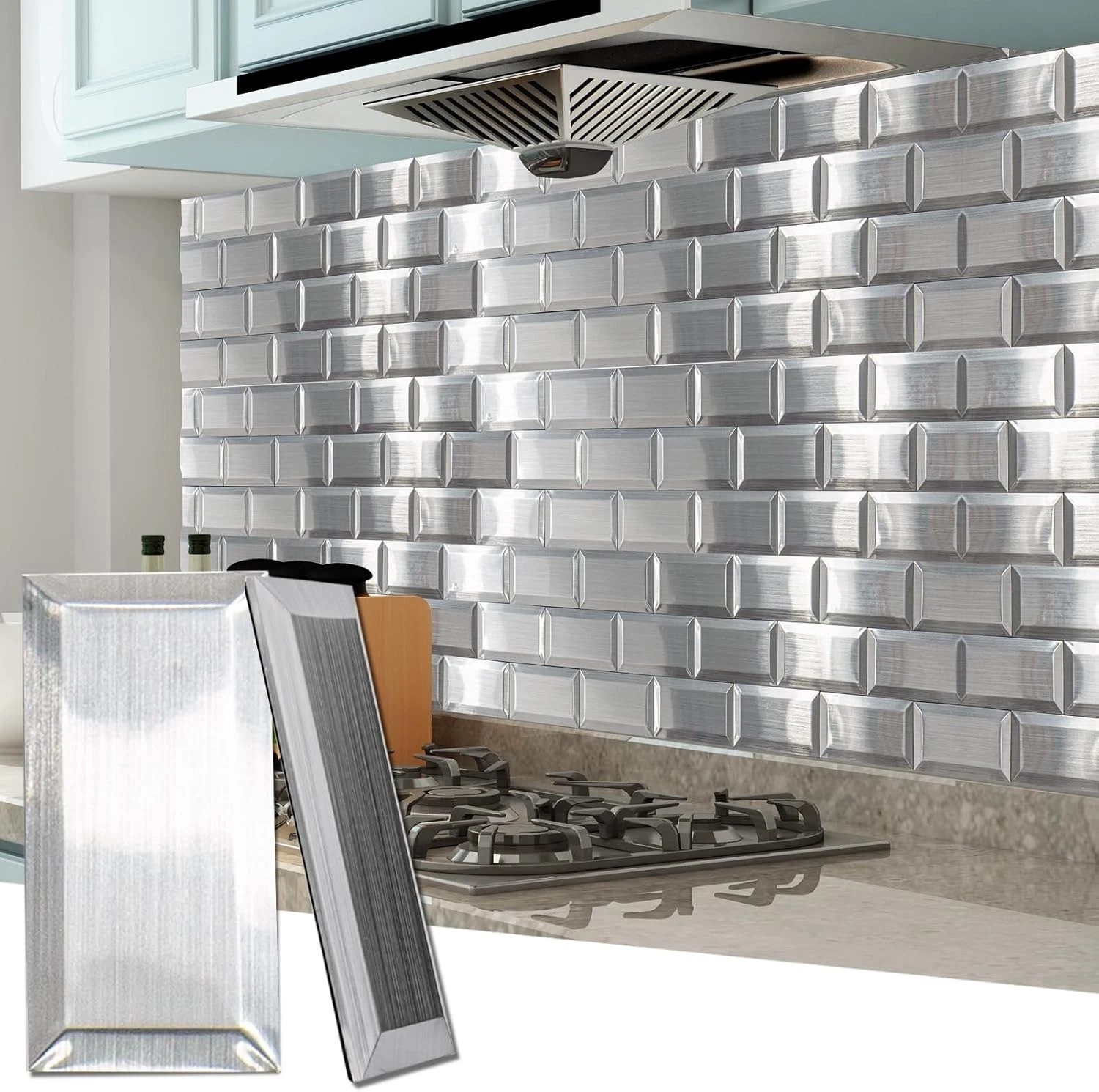 Modern Stainless Stick-On Subway Tiles, 100-Pcs, 3D Texture//