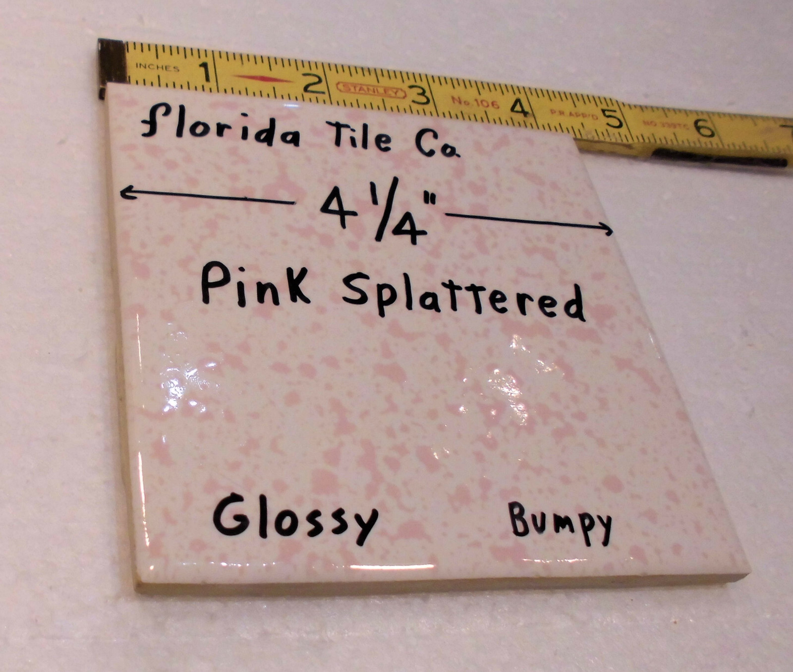 1 pc. “Pink Splattered” 4-1/4″ Glossy Ceramic Tile: Florida Co. Pink on White
