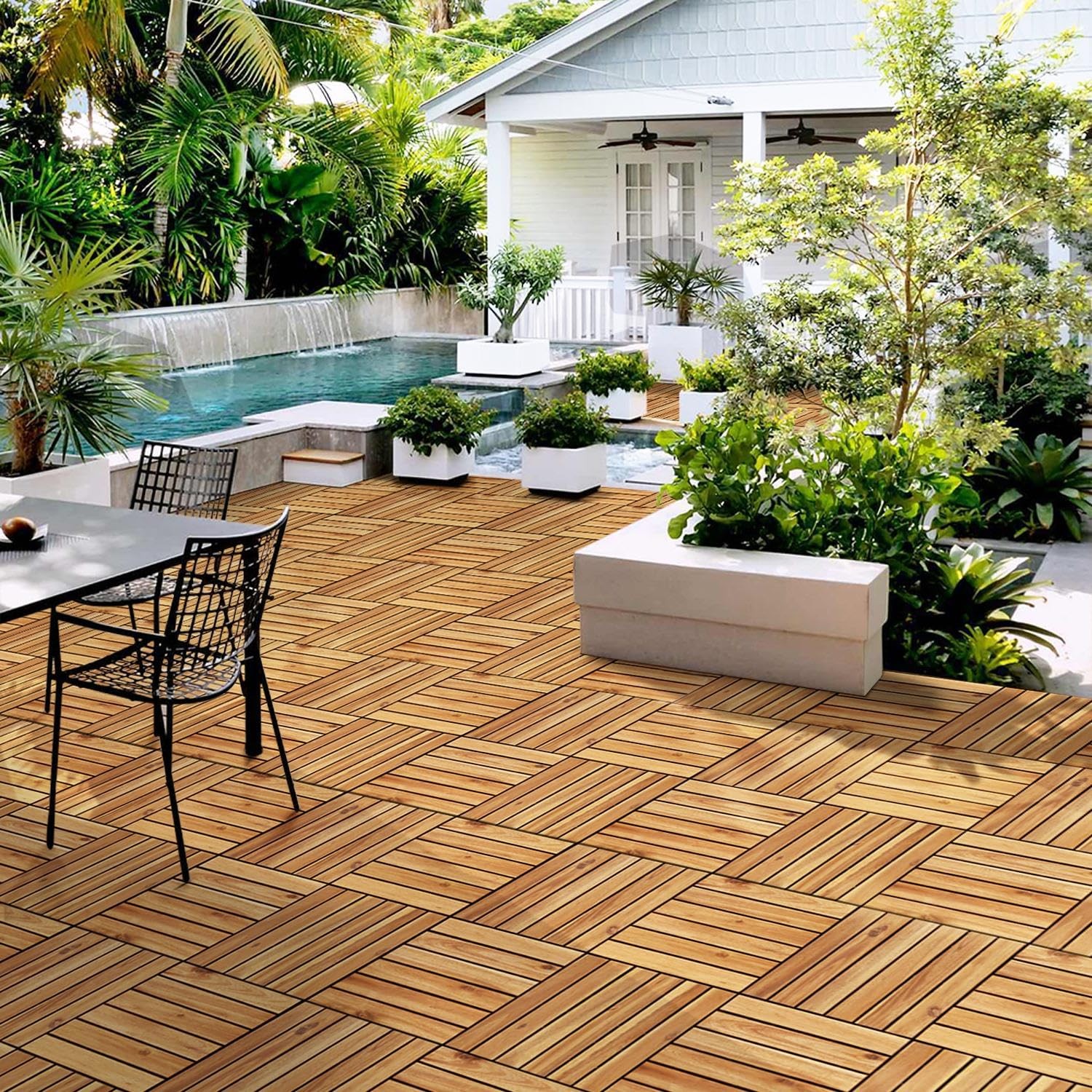 Interlocking Acacia Wood Flooring Tiles 12×12 Inch Waterproof 27-Pack for