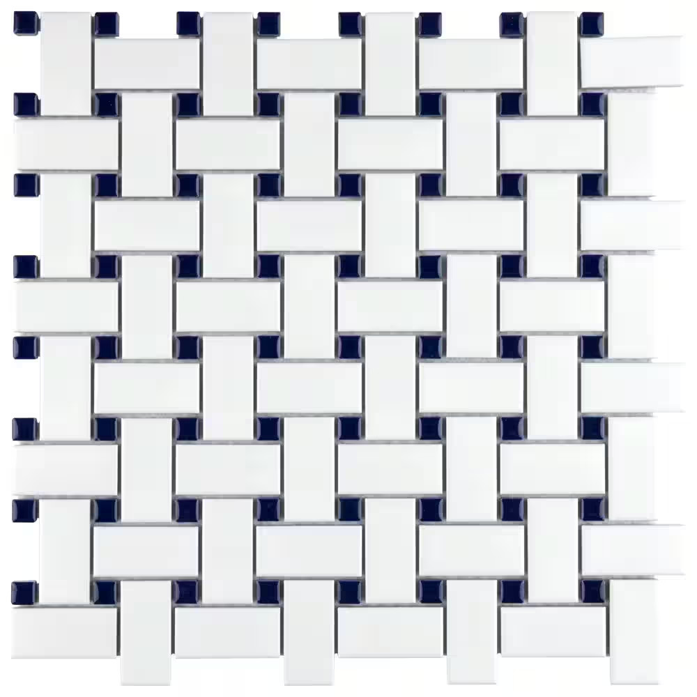 Metro Basketweave White with Glossy Cobalt Dot 11-3/4 In. X 11-3/4 In. Porcelain