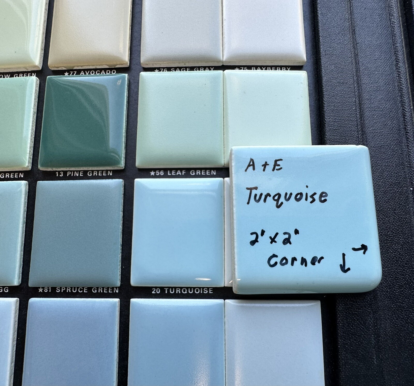 Turquoise: 2″ X 2″ X 5/16″ Ceramic Surface Bullnose Corner Tile, made 1950’s