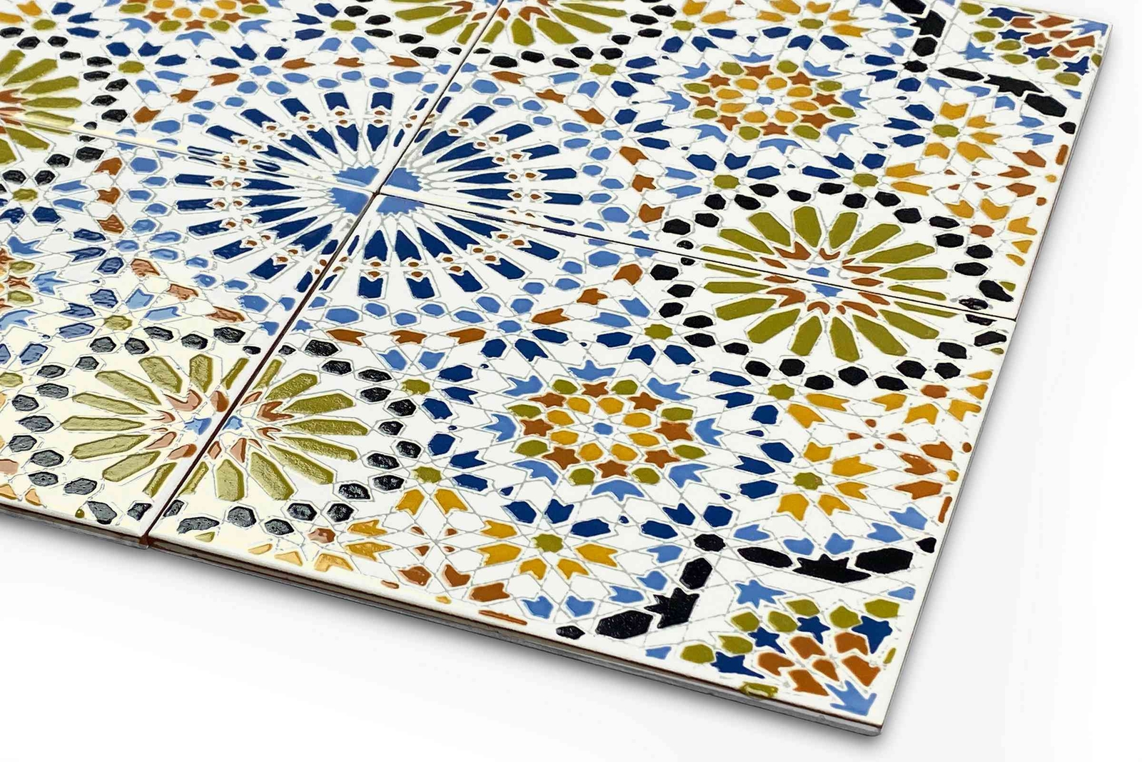 Moroccan ceramic tiles 8×8 inch, 12 tiles in Coloured Patchwork Mosaic – Kenza