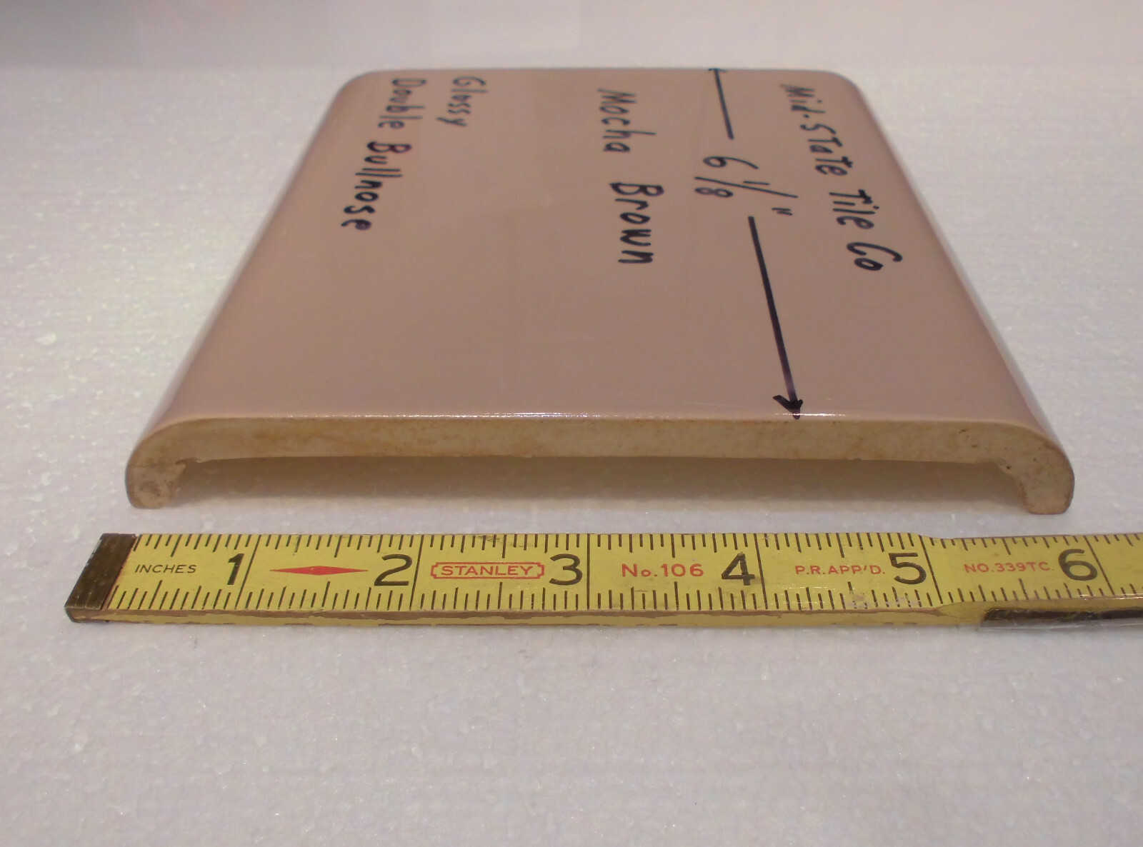 1 pc. Mocha – Brown 6″ x 6″ Double Radius Bullnose Glossy Ceramic Tile: NOS