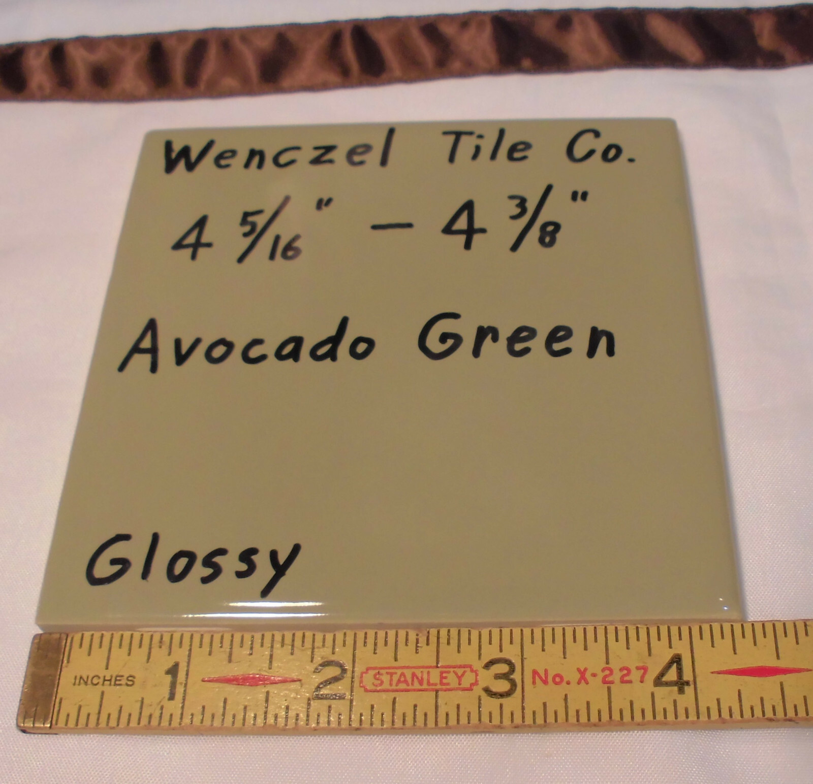 1 pc. *Avocado-Olive-Green* Glossy Ceramic Tile; Wenczel Co. 4-5/16″- 4-3/8″