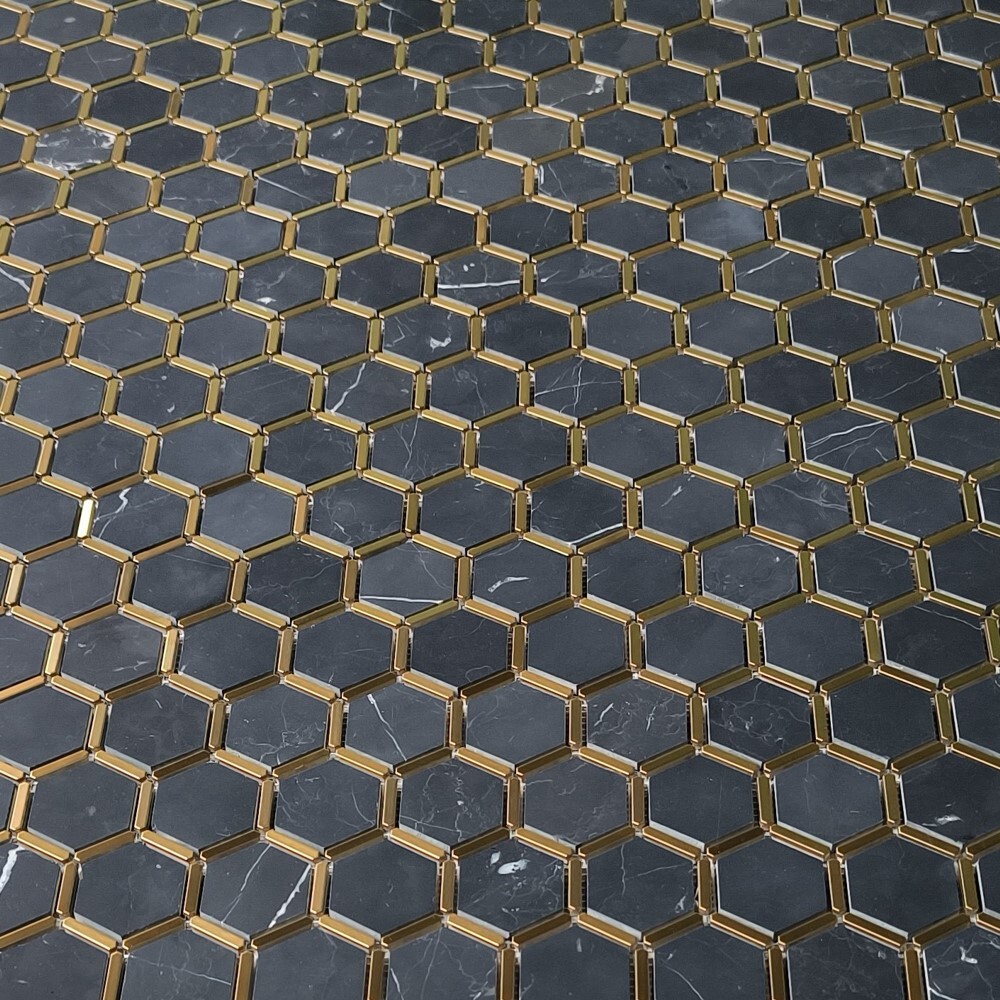 N328XH Nero Marquina Black Marble 2 inch Hexagon Mosaic Tile