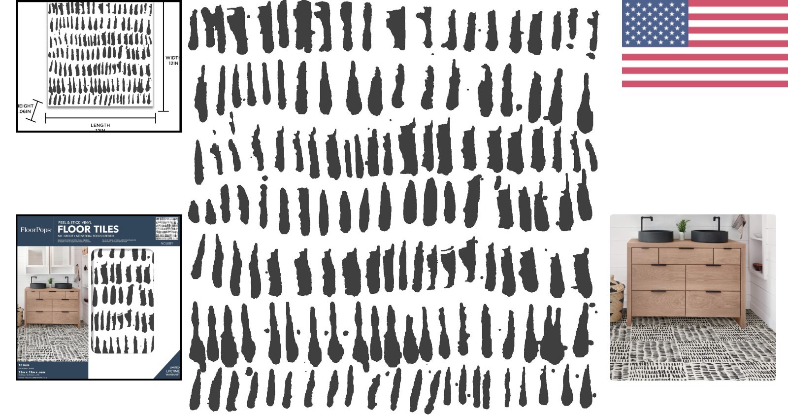 Water-Resistant Peel and Stick Floor Tiles, Black Brushstroke, 12×12 Inches Each