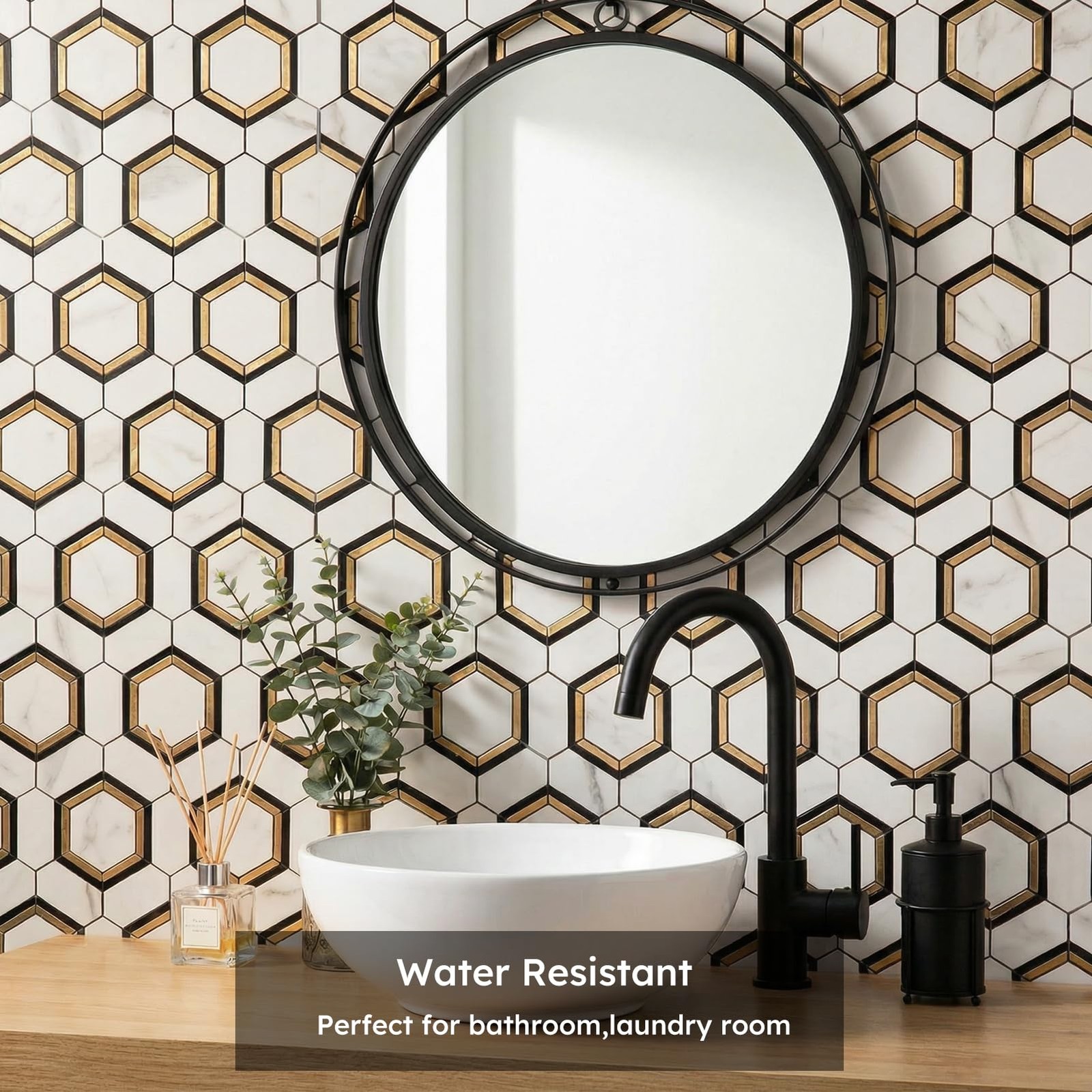 10-Pack Peel and Stick Backsplash Tile, White and Gold, Hexagon, Marble Veins…