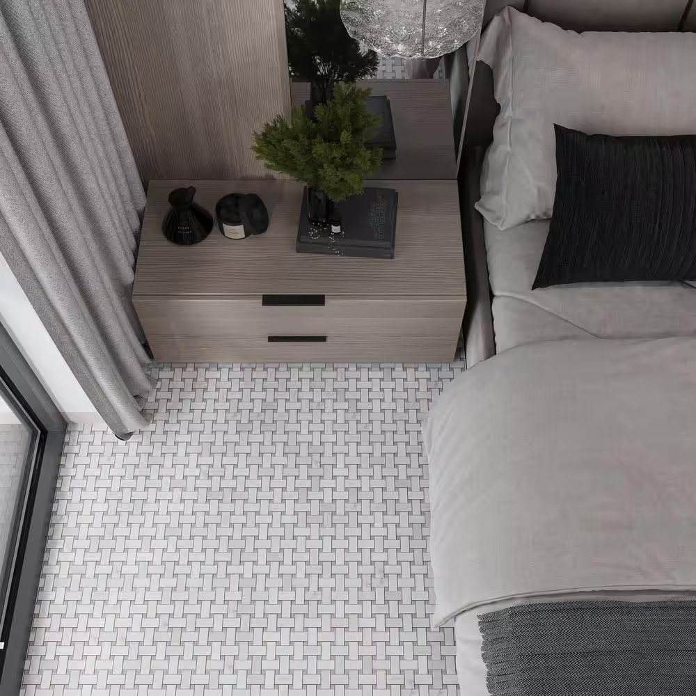 White 12 In. X 12 In. Basketweave Polished Eastern Beige Bianco Carrara Marble M