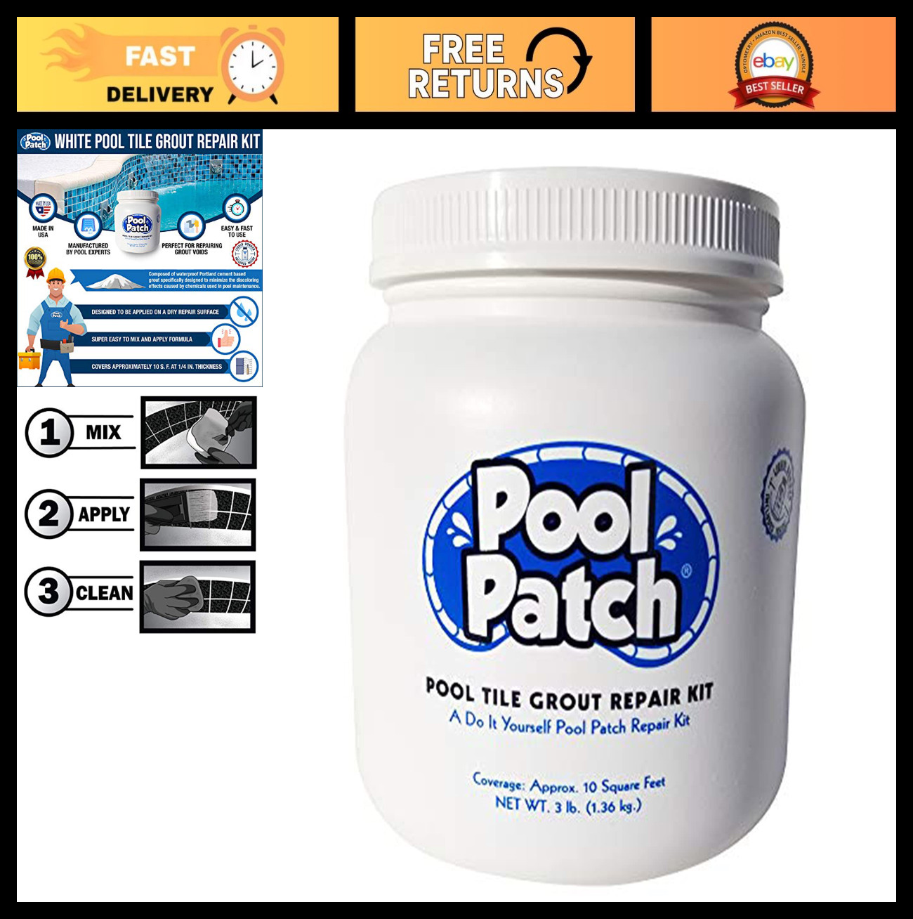 White Pool Tile Grout Repair Kit – 3 lb Waterproof, Fast-Drying, Easy to Use