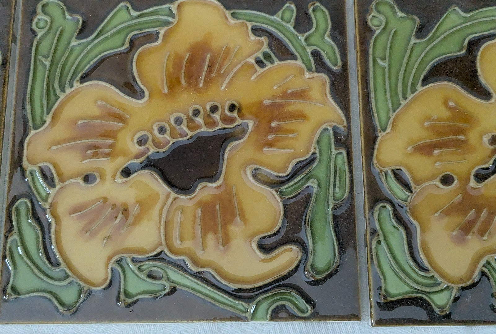 Set of 4 Glazed Ceramic 6″ Square Flower Tiles Art Nouveau Style