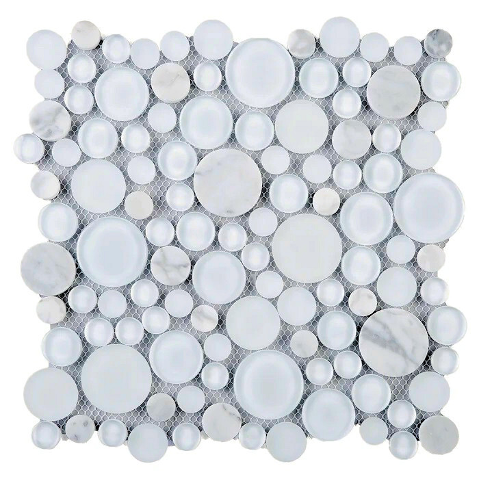 BUBW-02 White Glass And Carrara Bubble Mosaic Tile, 10-1/2″ x 10-1/2″ x 8mm, NEW