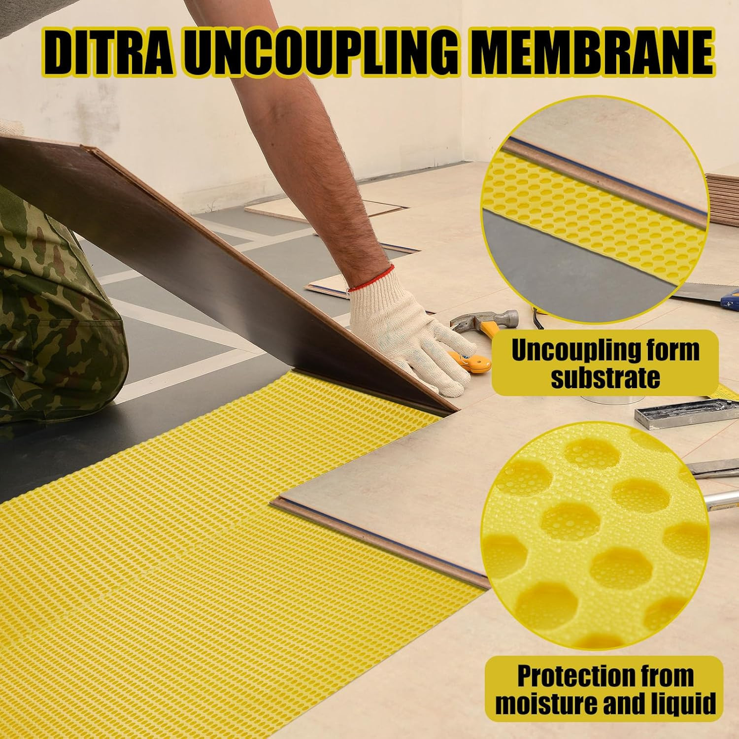 108 Sq Ft Uncoupling Membrane for Tile Floor, 1/8”(3Mm) Waterproofing Underlaym