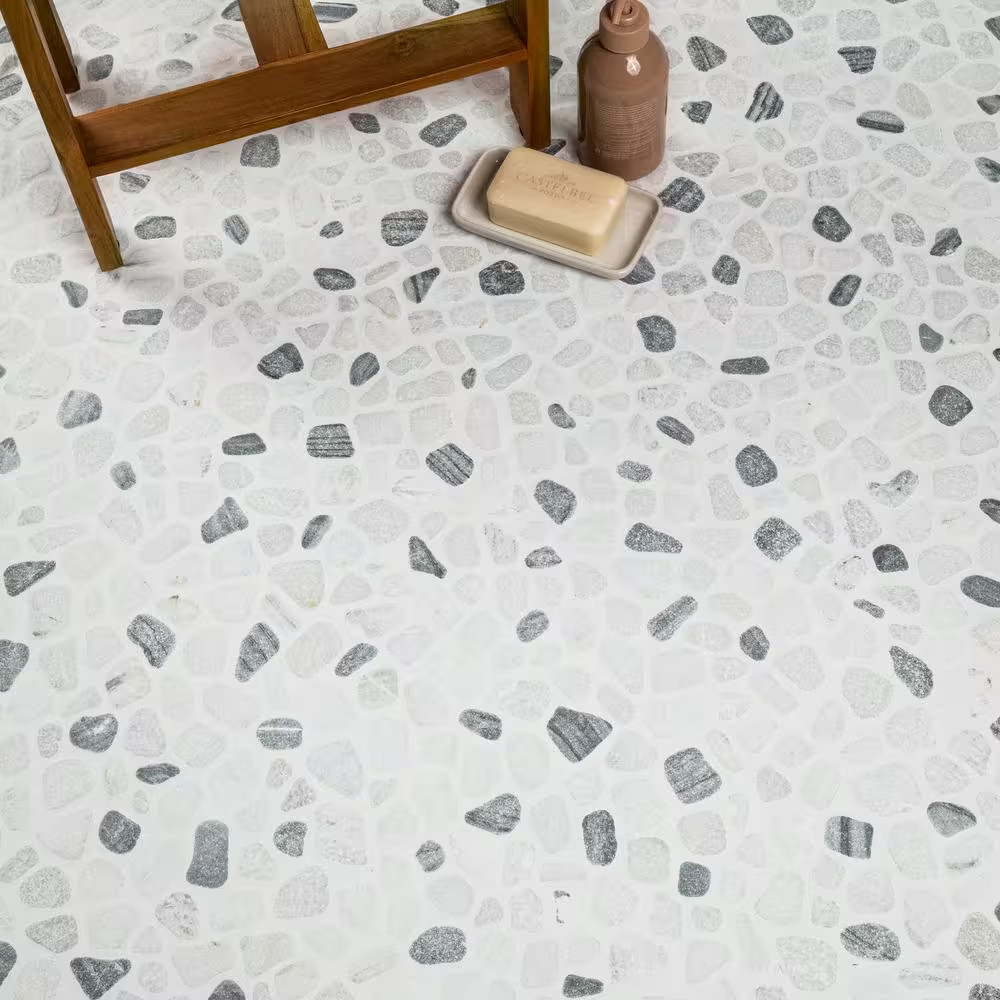 Black and White Pebbles 12 In. X 12 In. X 10 Mm Tumbled Marble Mosaic Tile (0.9