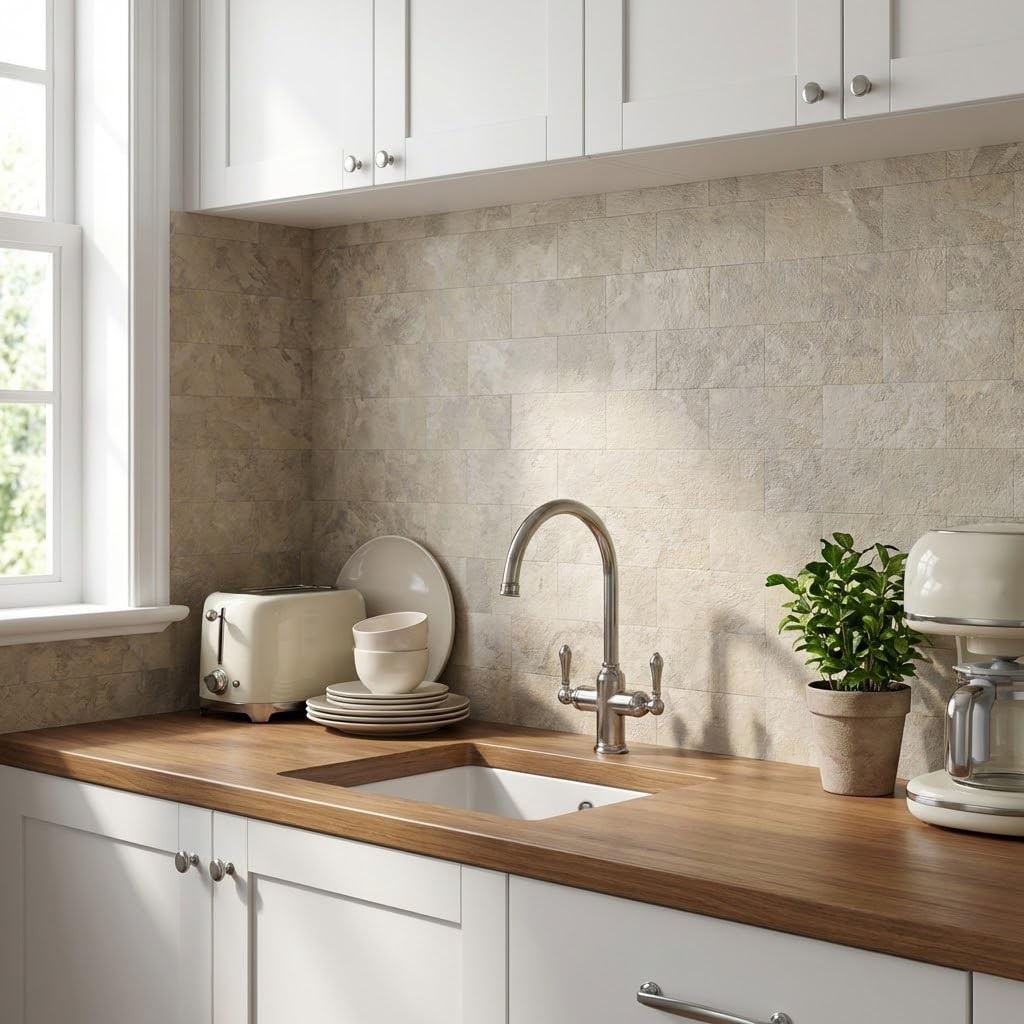 Peel and Stick Subway Tile Backsplash, 10 Sheets 12”x12”Beige Stone-Look 3D…