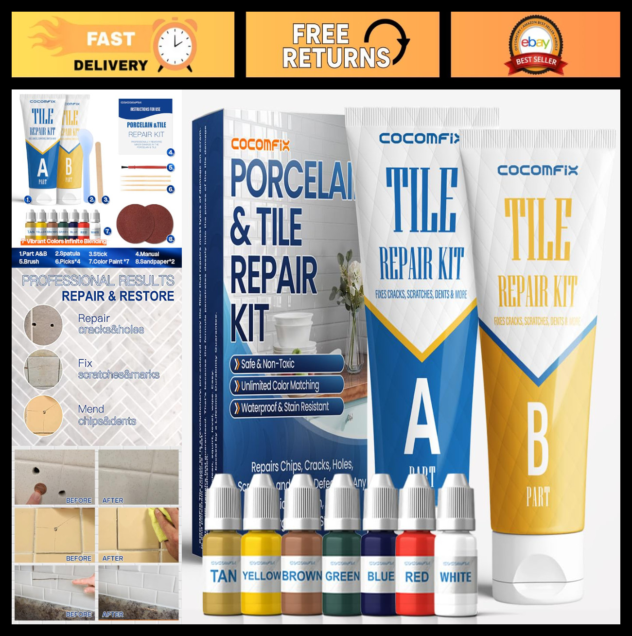 Tile Repair Kit for Chips & Cracks – Color Match, Strong Adhesion for Ceramic, P