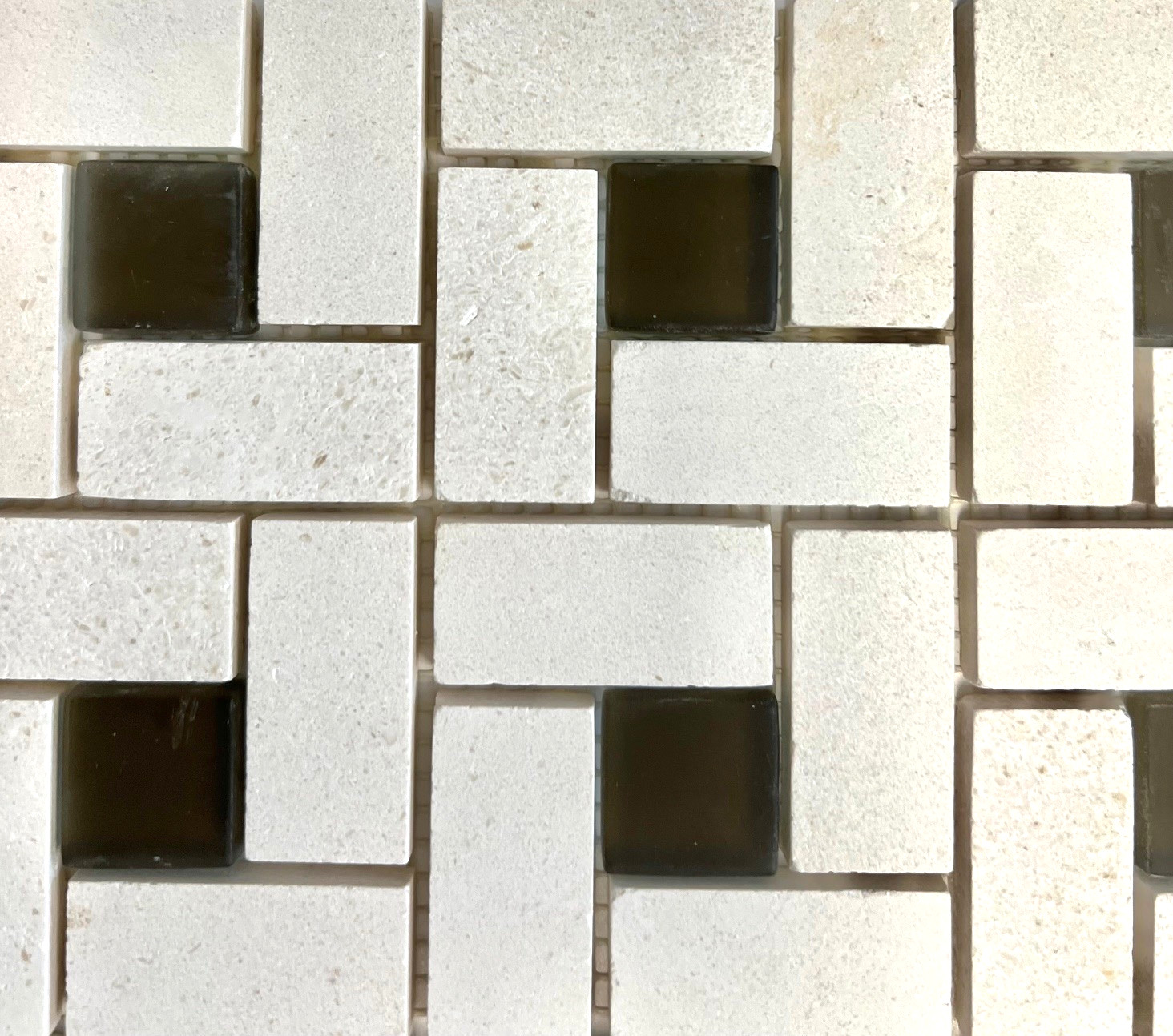 1X2 Pinwheel Vanilla Limestone with Chocolate frosted glass Mosaic Wall Tile