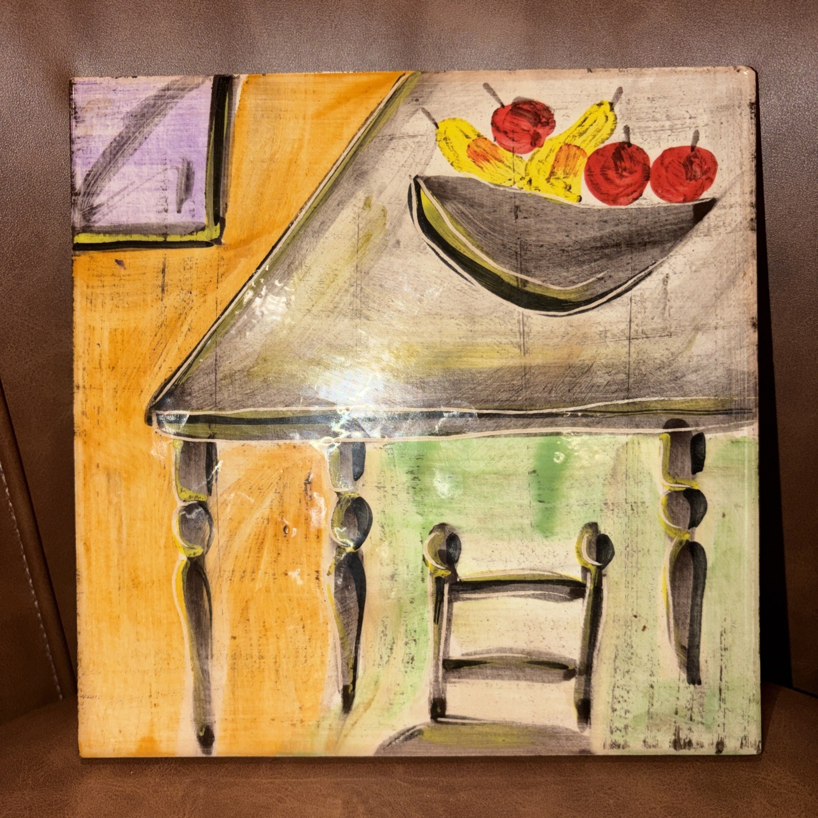 Vintage ITALIAN CERAMIC ART TILE trivet home fruit artist Signed Italy