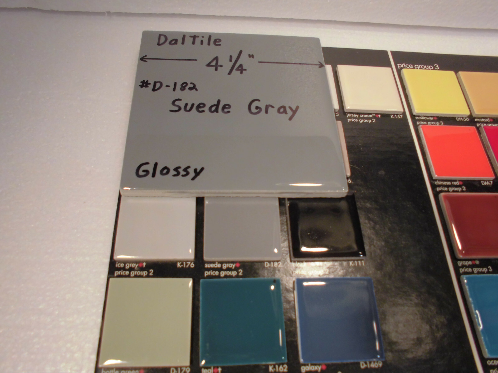 1 pc. Suede Gray; Glossy Ceramic Tile by Daltile; 4-1/4″ New Stock, darker gray