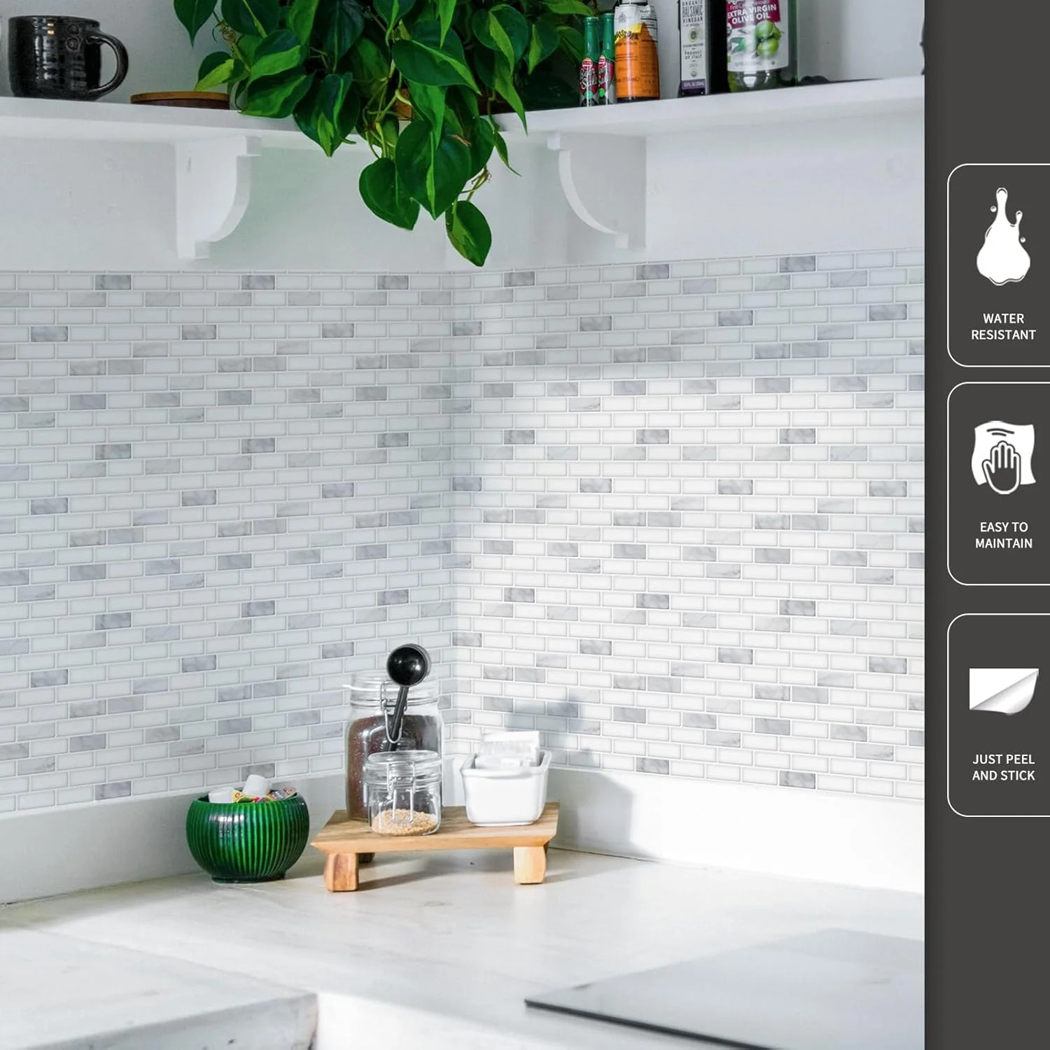 10-Pack Peel and Stick Stone Backsplash Tile, 12″ x 12″, White Marble | Strong A