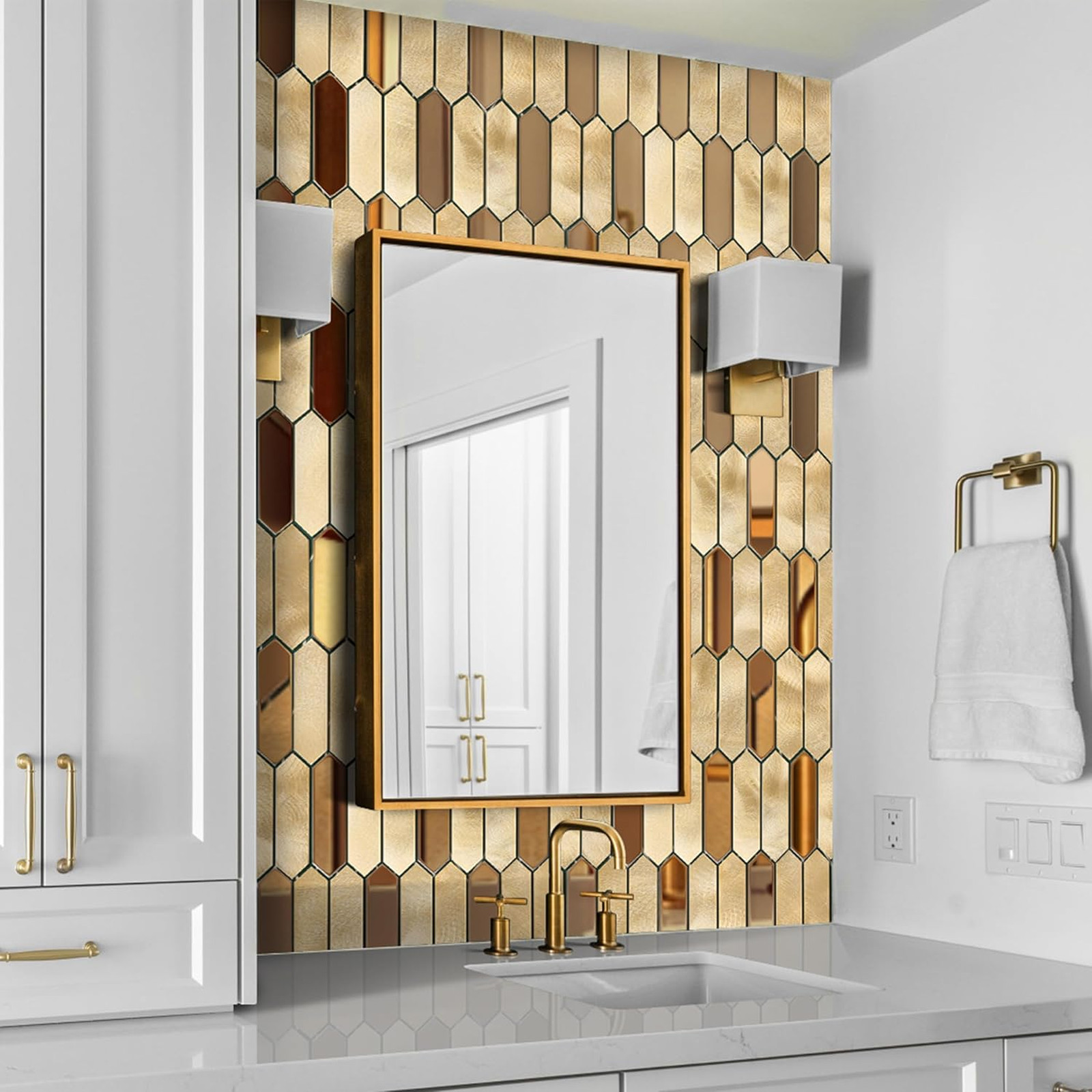 Champagne Gold Hexagon Mosaic Tiles, Metal Stainless Steel, 12×12 Inches, Pack
