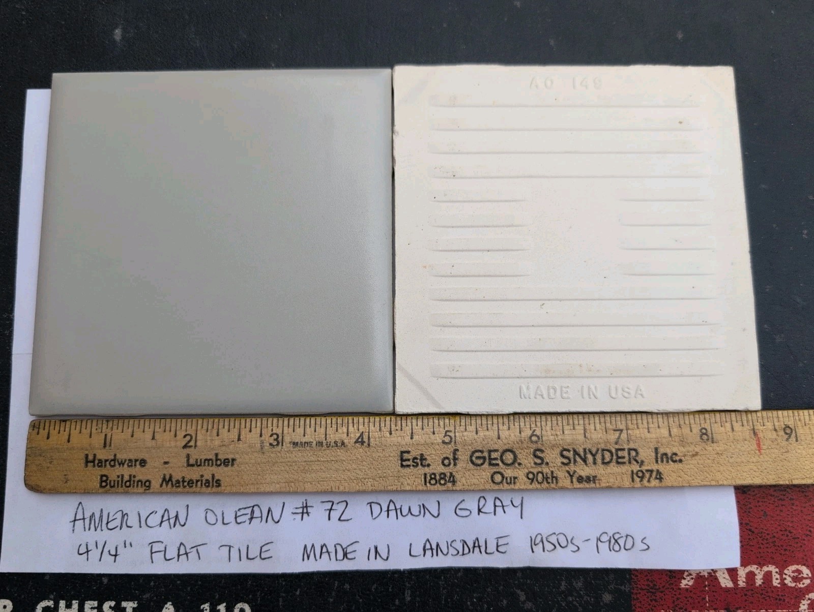 2 pc NOS American Olean Tile 4-1/4″ Dawn Gray #72 Matte Satin 1950s 1960s 1970s