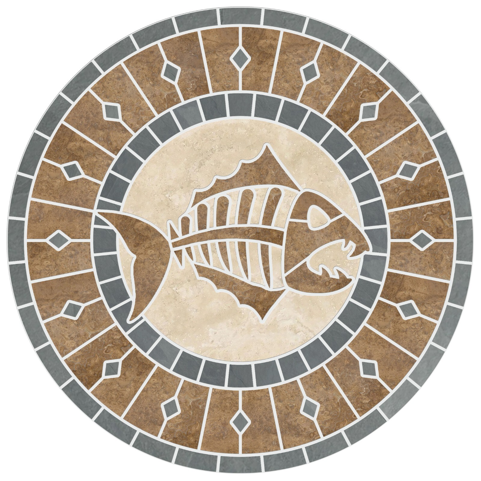 Fishbone Tile Mosaic Medallion in Natural Travertine & Slate Stone – USA Made!