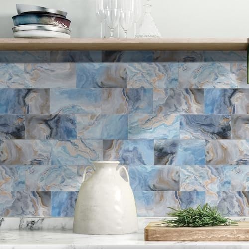 URCOLOR 64-Piece Peel and Stick Blue Marble Subway Wall Tile Backsplash