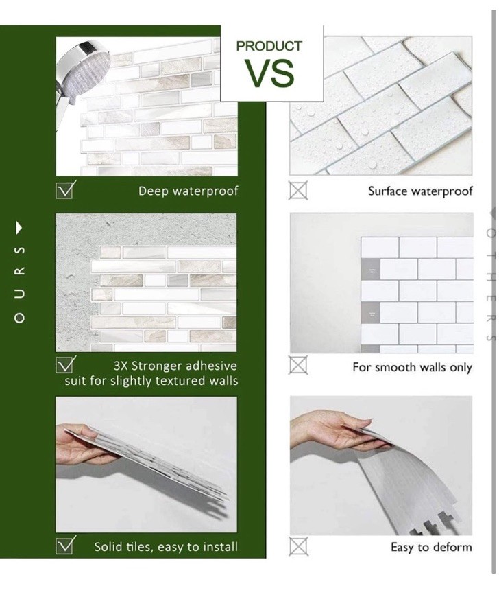 STICKGOO Thicker Design Peel & Stick Tile Backsplash 12”x12” 10 Count Beige/Whit