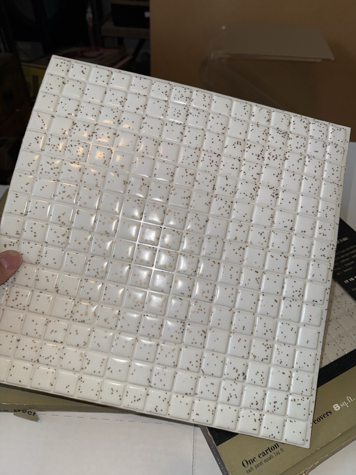 MID CENTURY Modern Decro-Tile Gold Fleck Self Sticking VINYL PANELS (16)
