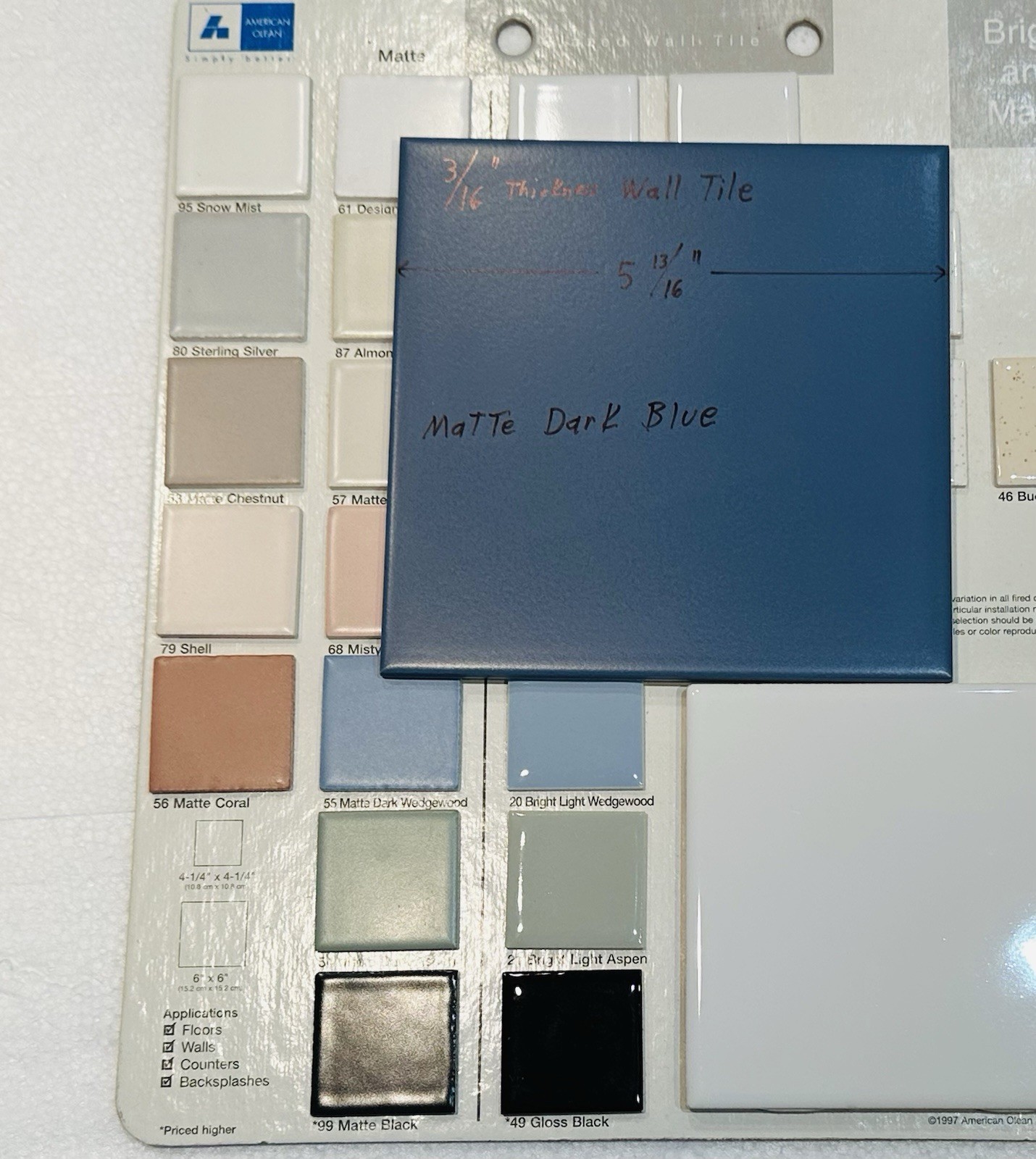 1 pc. 3/16″ Thickness Matte Dark Blue: 5-13/16″ Square Ceramic Tile, New Stock