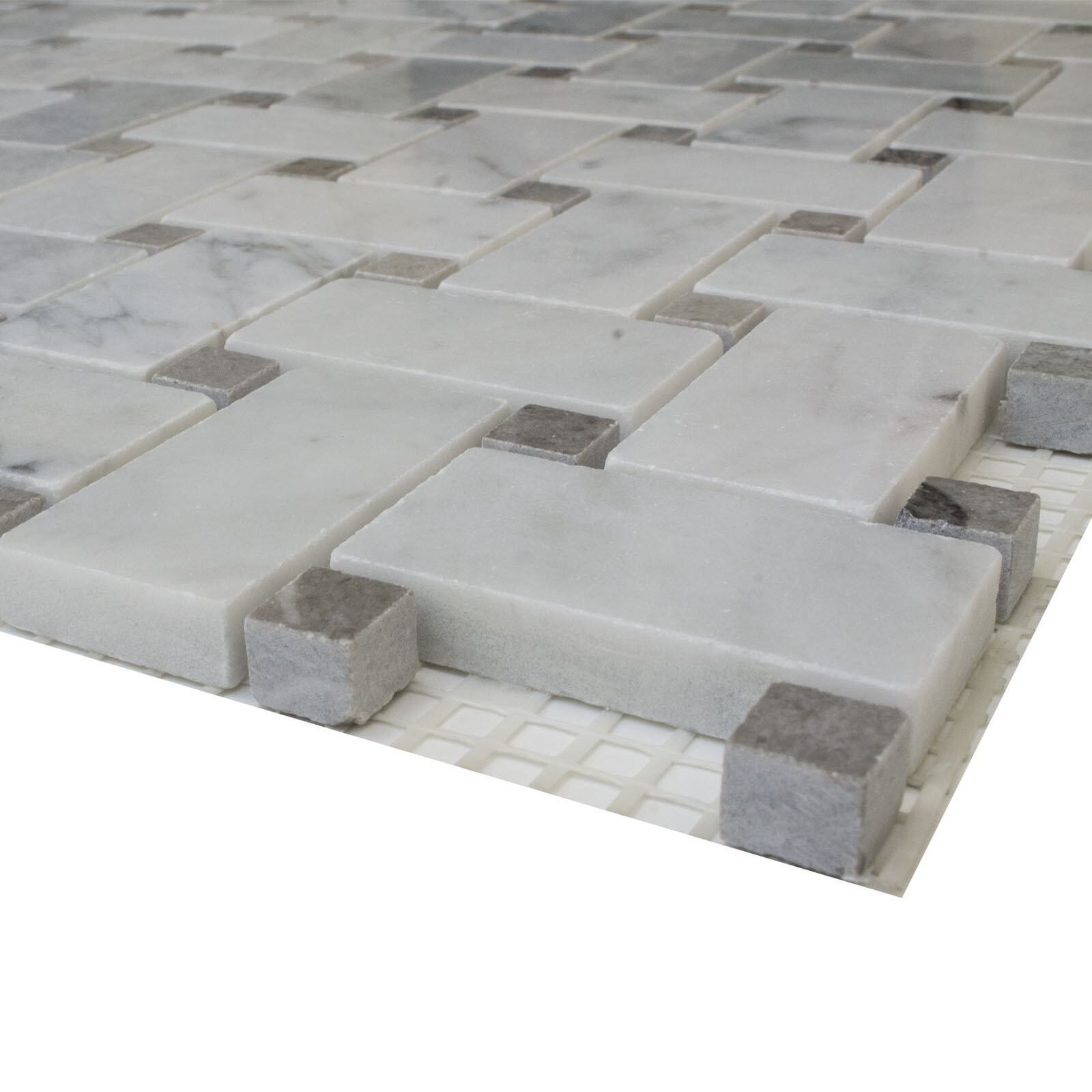 Simple Tile – Marble Mosaic Tile Basketweave Collection Carrara White + Grey Dot