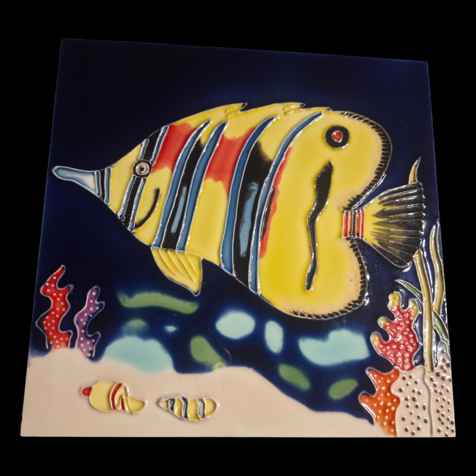 Decorative Wall Art Ceramic Tile 8″x8″Yellow Tropical Fish Coral Reef Coastal