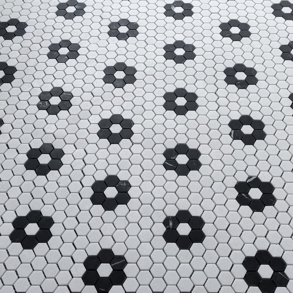 T31F1XH Thassos White Marble Hexagon Rosette Mosaic Tile Nero Marquina Black
