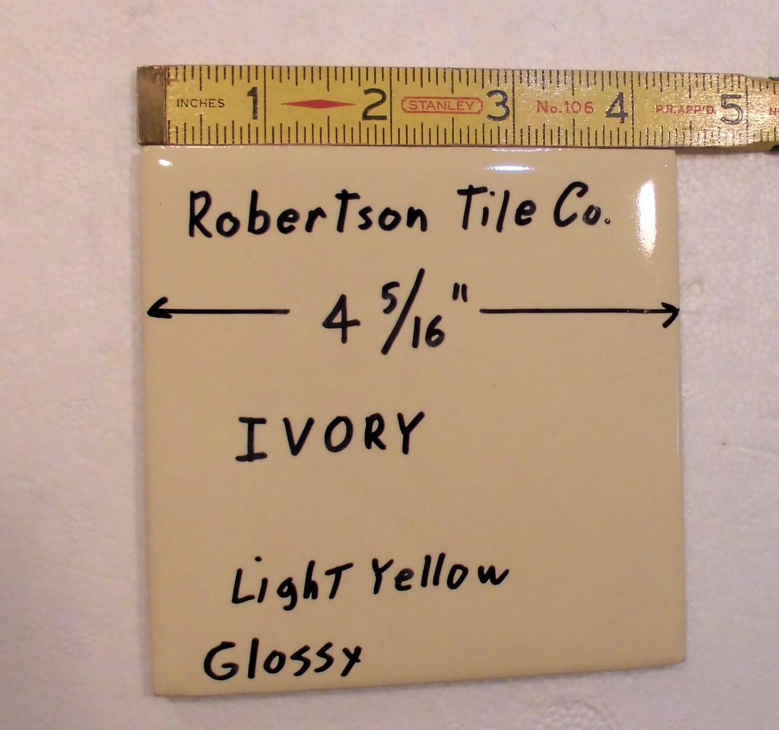 1 pc. Ivory – Light Yellow: 4-5/16″ Glossy Ceramic Tile by Robertson Co. NEW