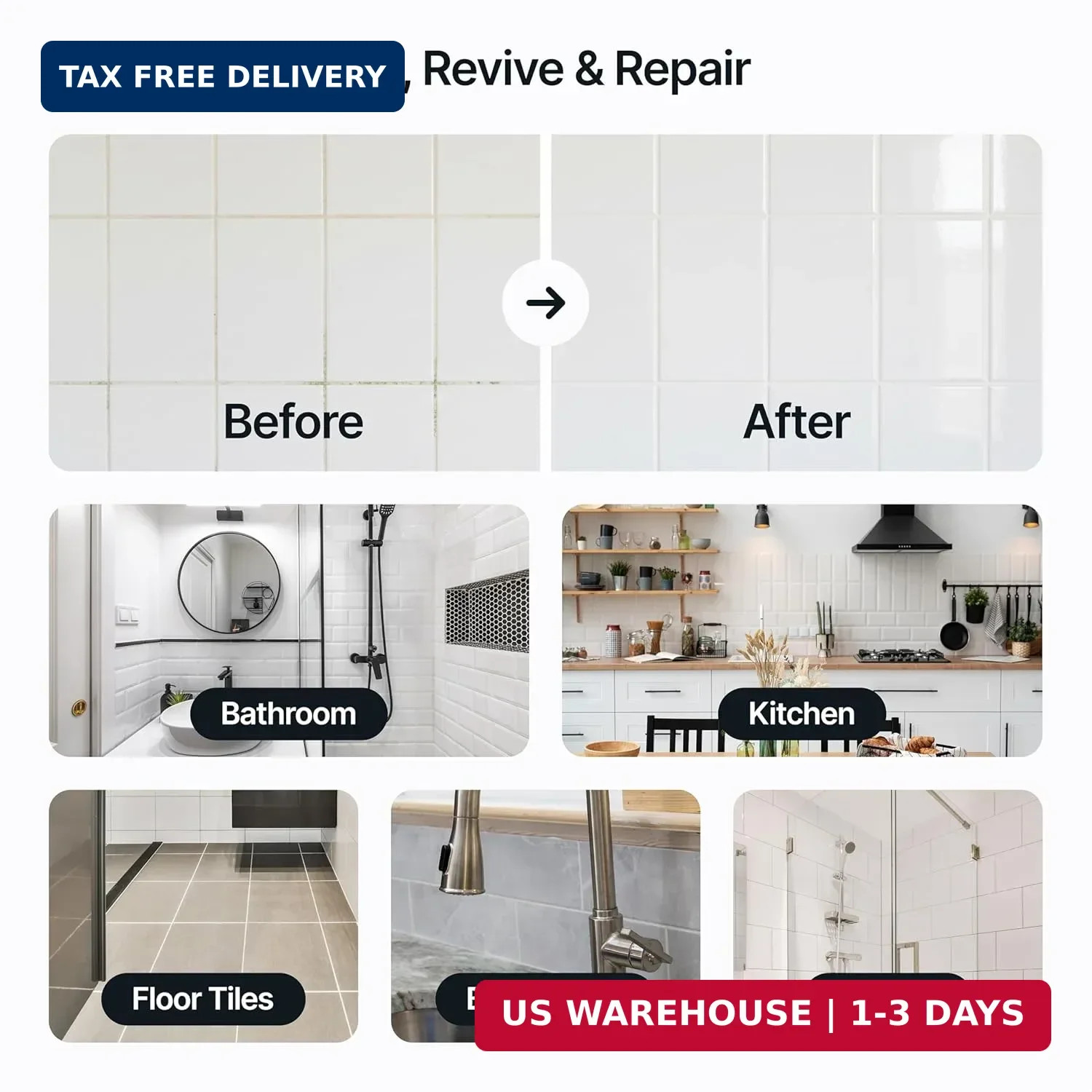 Hemway Light Grey Grout Reviver Kit 400g Tile Repair w/4 Tool Set