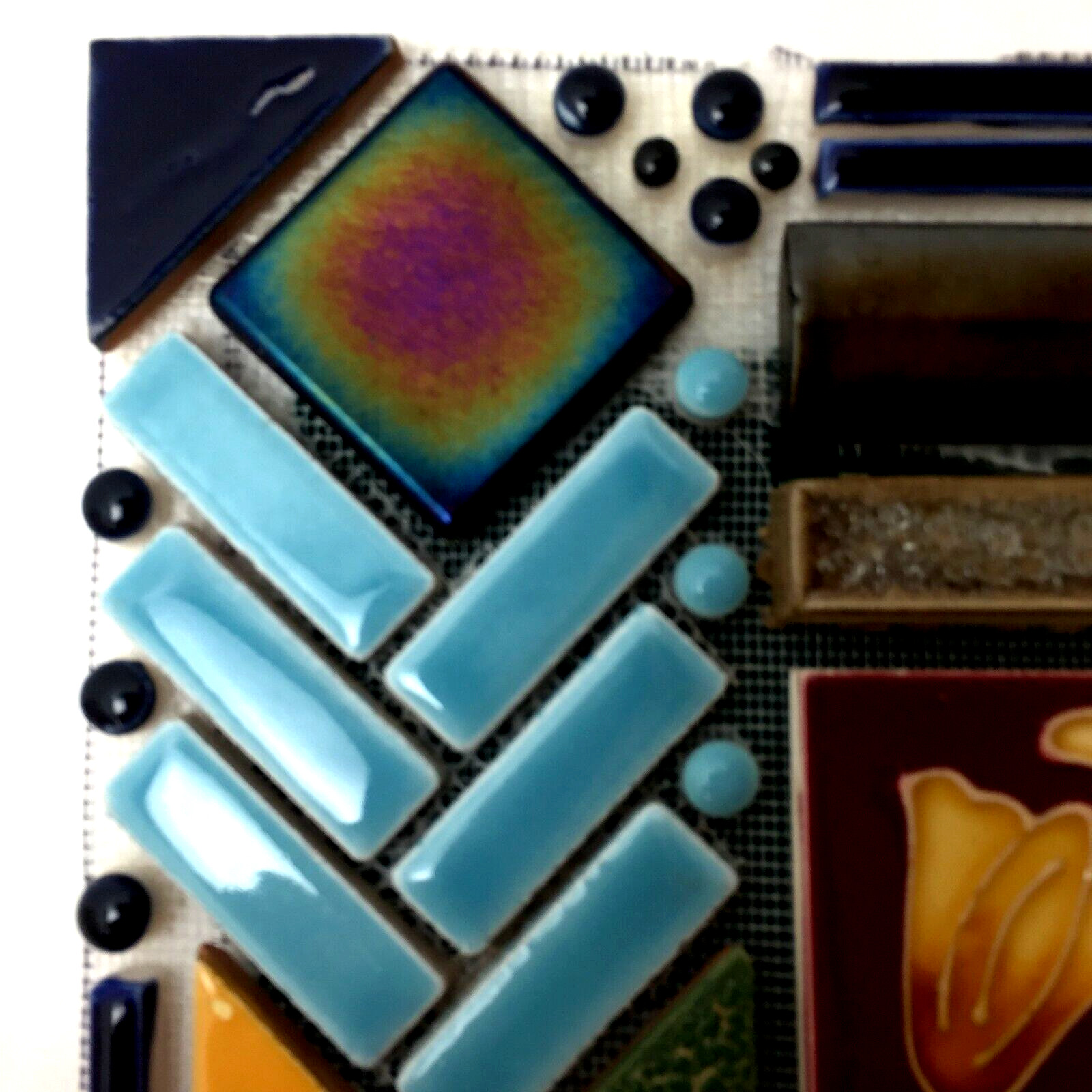 Tile Mosaic Feature Panel w/Vintage Handmade Ceramic and Glass Tile 12″ X 12.75″