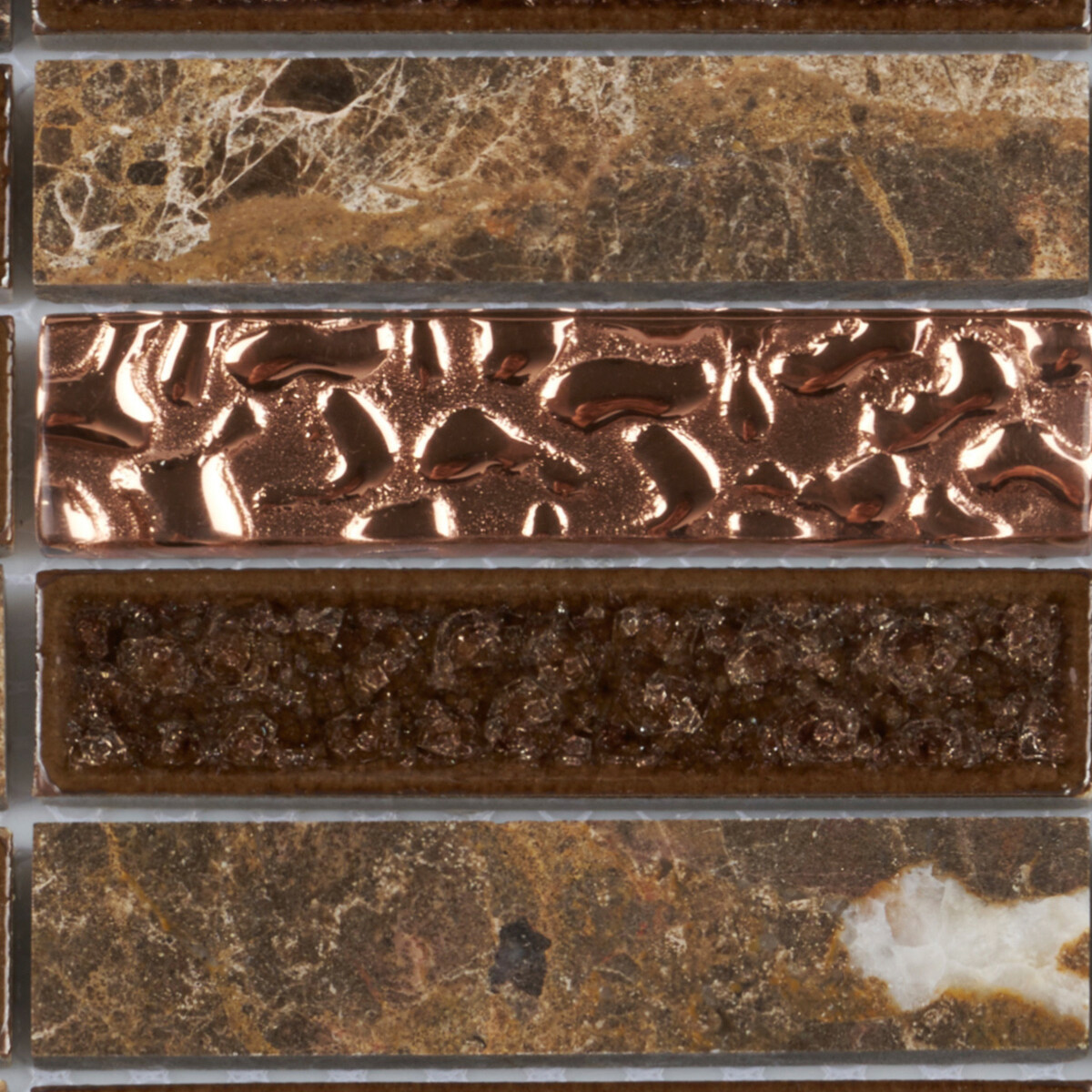 Brown Marble Stone Mosaic Tile Rose Gold Glass Stacked Kitchen Wall Backsplash