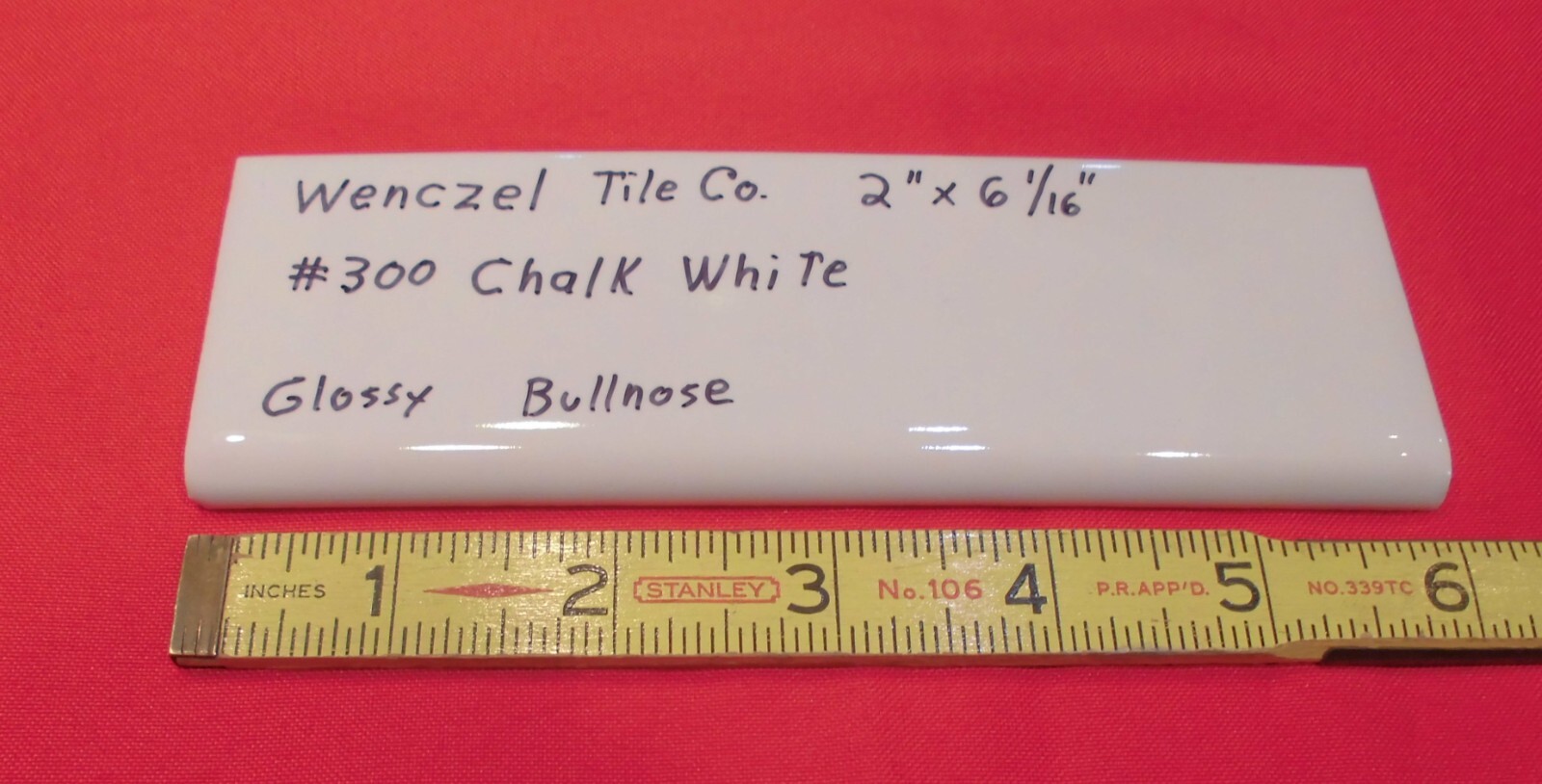 1 pc. Chark White: Glossy Ceramic Bullnose Tile by Wenczel 2″ X 6-1/16″ NOS
