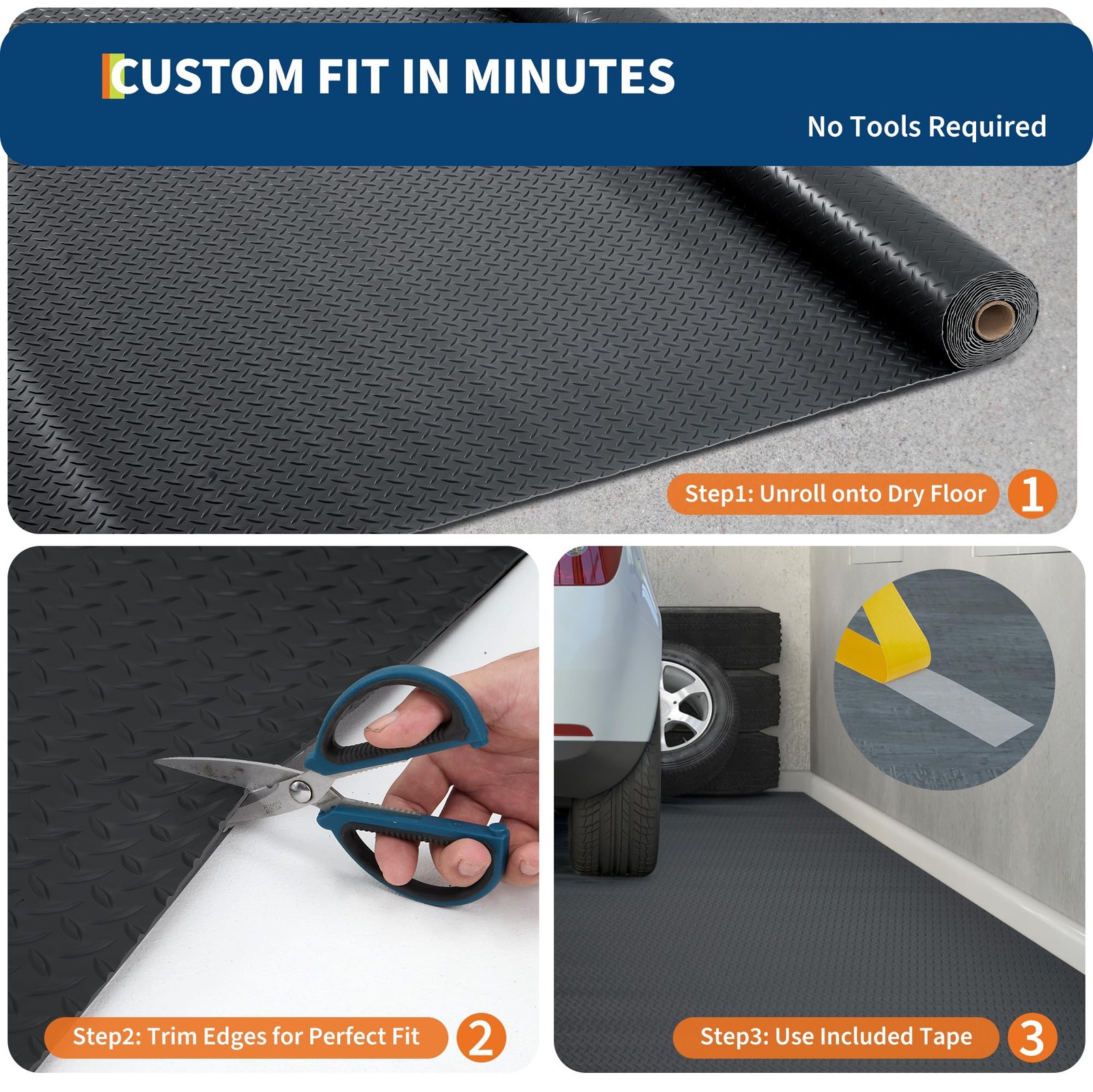 7.5×25 FT Garage Floor Mat, 2mm Thickened PVC Diamond Plate Garage Flooring Roll