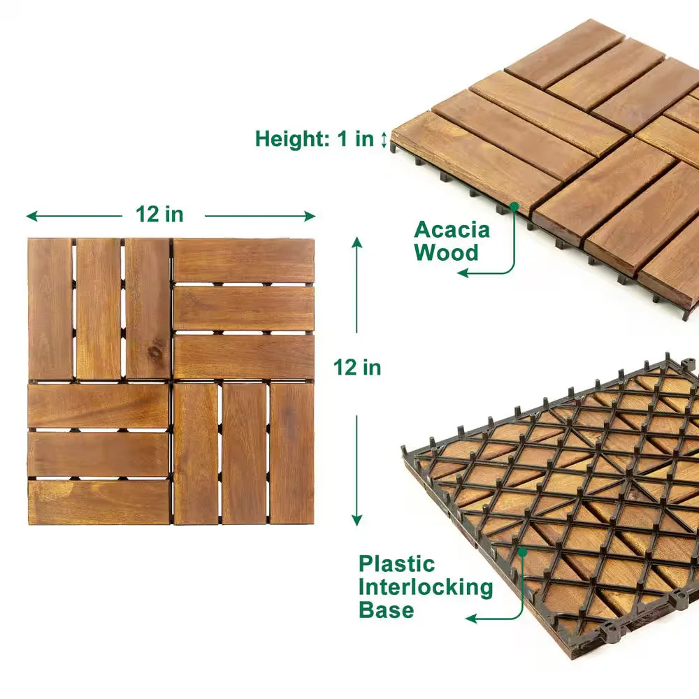 12×12 Acacia Wood Interlocking Deck Tiles Checker Pattern Brown 10 Pack