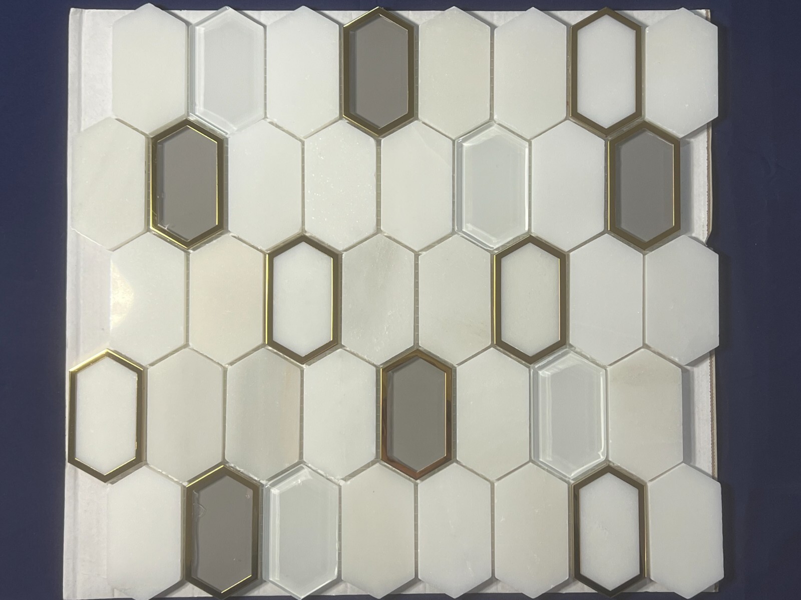 S15 White/Grey/Gold Marble Glass Hexagon Mosaic Tile Kitchen Bathroom, 7 sheets