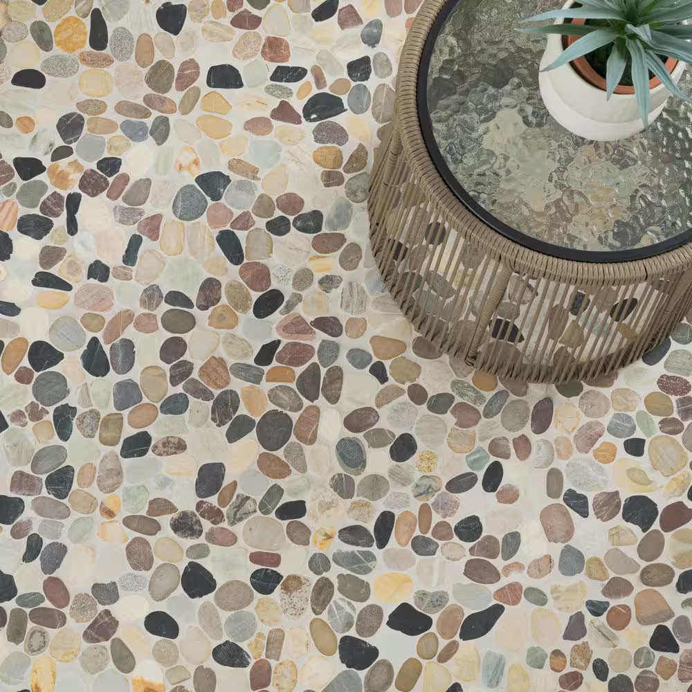 Mix River Rock 13 In. X 13 In. X 0.38 In. Tumbled Quartzite Mesh-Mounted Mosaic