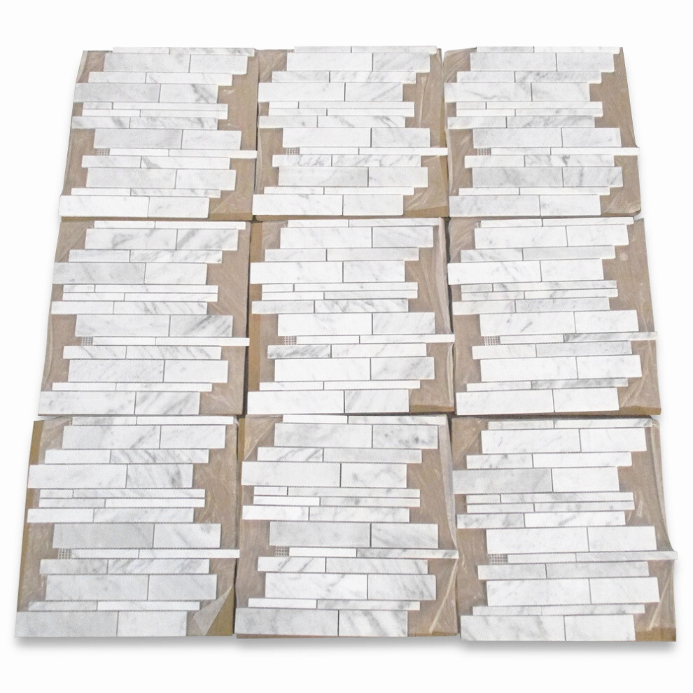 C78XH Carrara White Marble Random Strip Modern Brick Mosaic Tile Honed