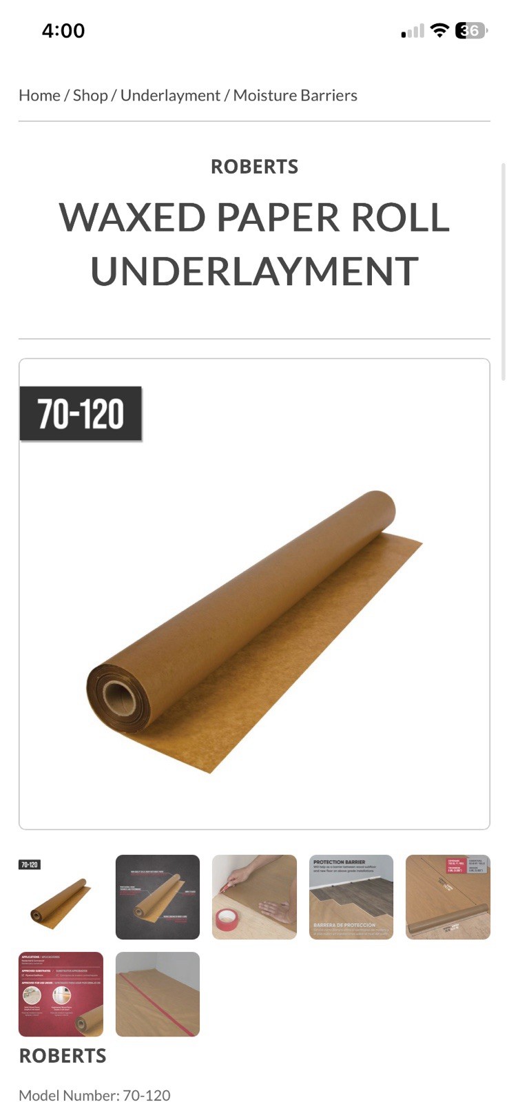 Roberts174; 70-120 Heavy Duty Waxed Paper Underlayment 750 Sq/Ft Roll X 250’L X