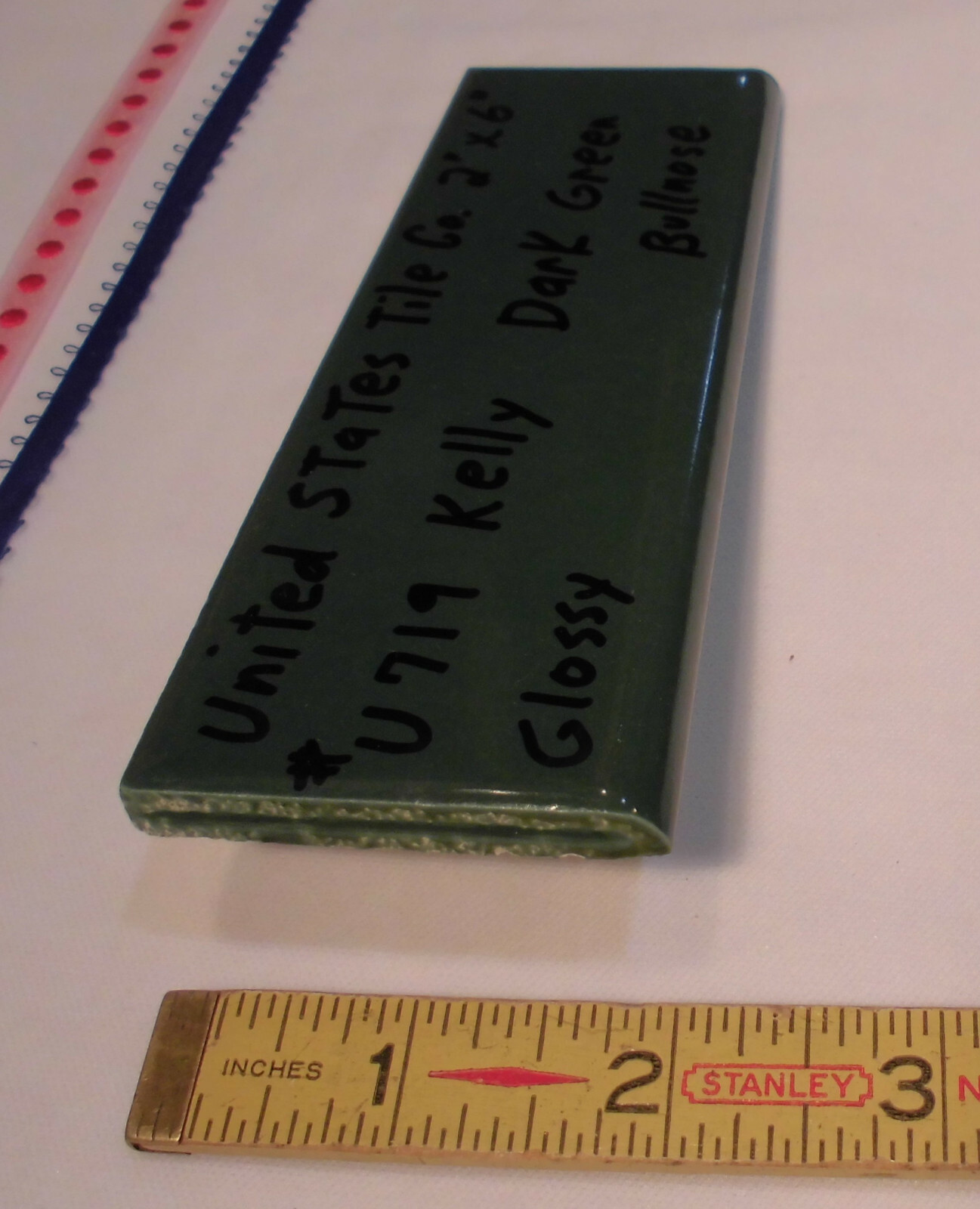 1 pc. Dark Greenest-Blue; Glossy Bullnose Surface Flat Ceramic Tile; NOS , USA