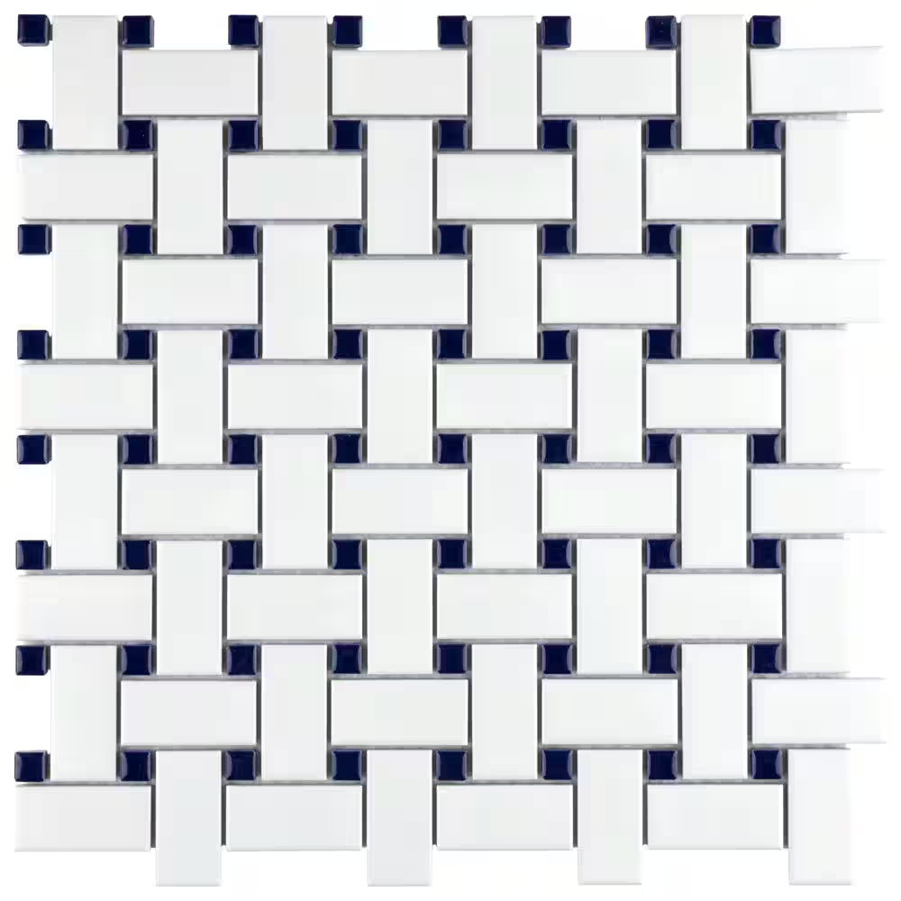 Metro Basketweave White with Glossy Cobalt Dot 11-3/4 In. X 11-3/4 In. Porcelain