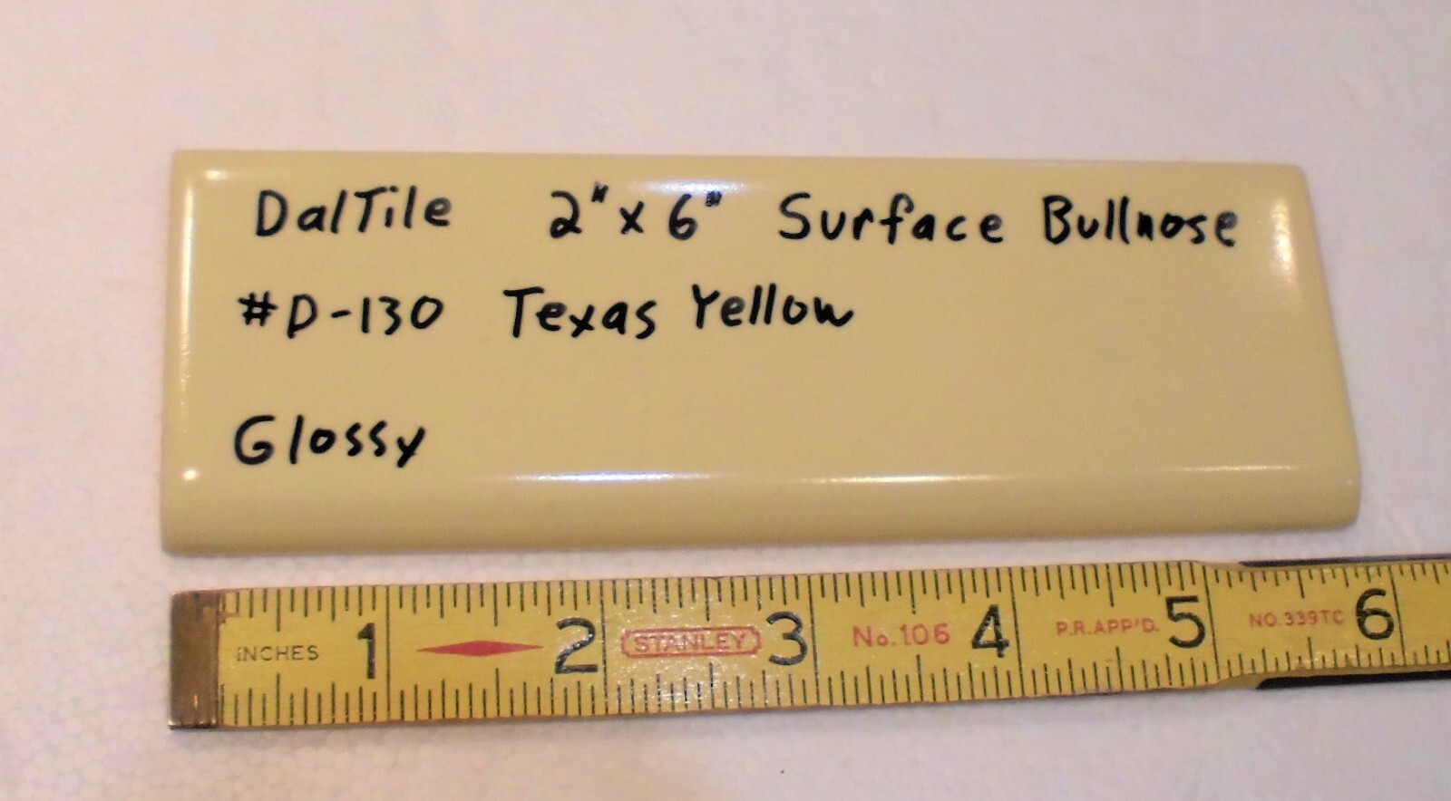 1 pc. Texas Yellow: Glossy Ceramic Bullnose Flat Trim Tile by Daltile in 1970’s