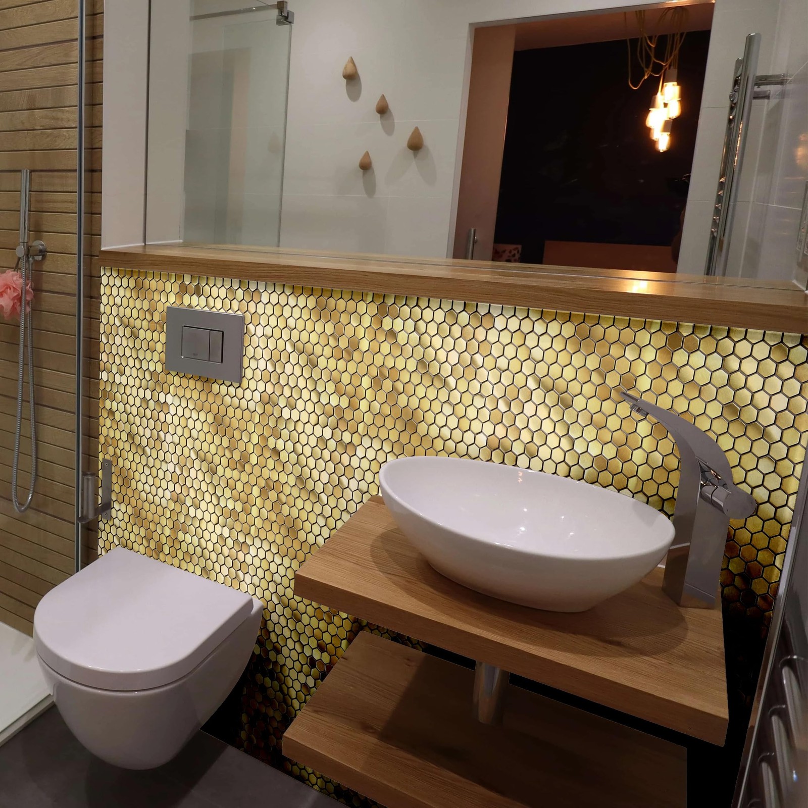 Hexagon Gold Backsplash Tile, Mosaic Sheets 12”x12” Mesh Mounted Golden 1 I…